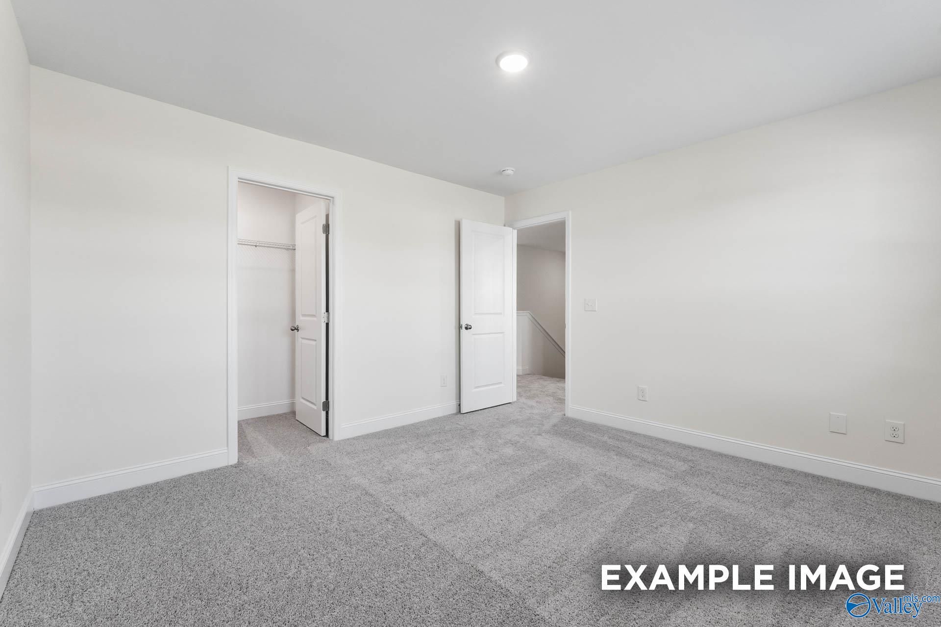 Spacious upstairs bedroom with walk-in closet, adjacent door, and carpeted flooring in Davidson Homes Shelby A, Hazel Green, Alabama