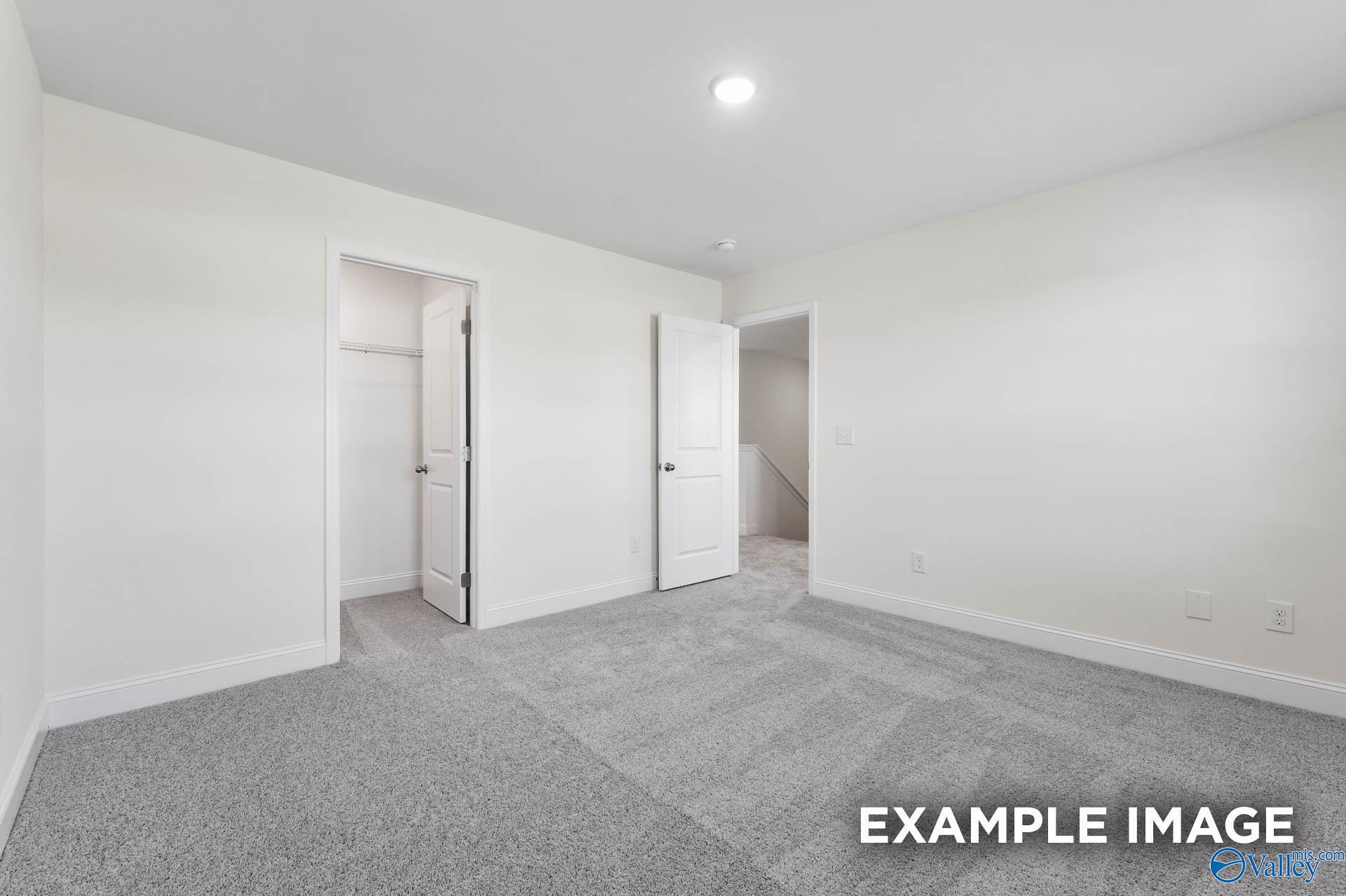 Spacious upstairs bedroom with walk-in closet, adjacent door, and carpeted flooring in Davidson Homes Shelby A, Hazel Green, Alabama