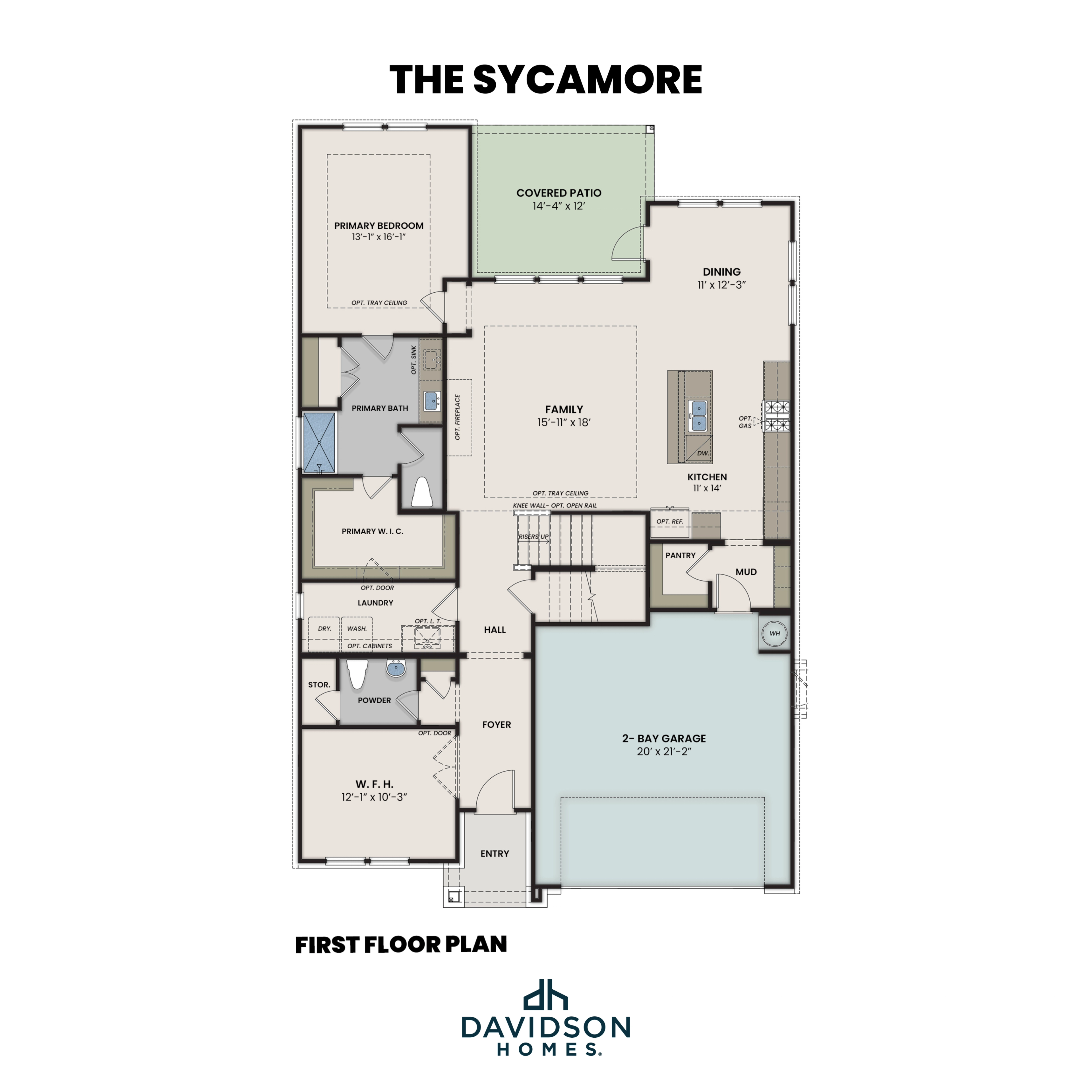 The Sycamore first floor plan: primary suite, open kitchen with island, family room, dining, covered patio, 2-car garage by Davidson Homes