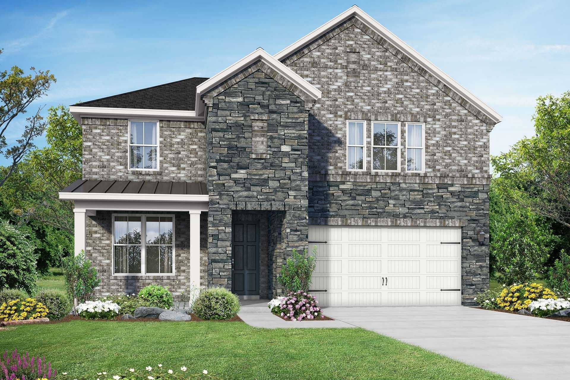 Two-story Sequoia C home elevation with stone brick facade, covered porch, two-car garage, and lush front yard landscaping