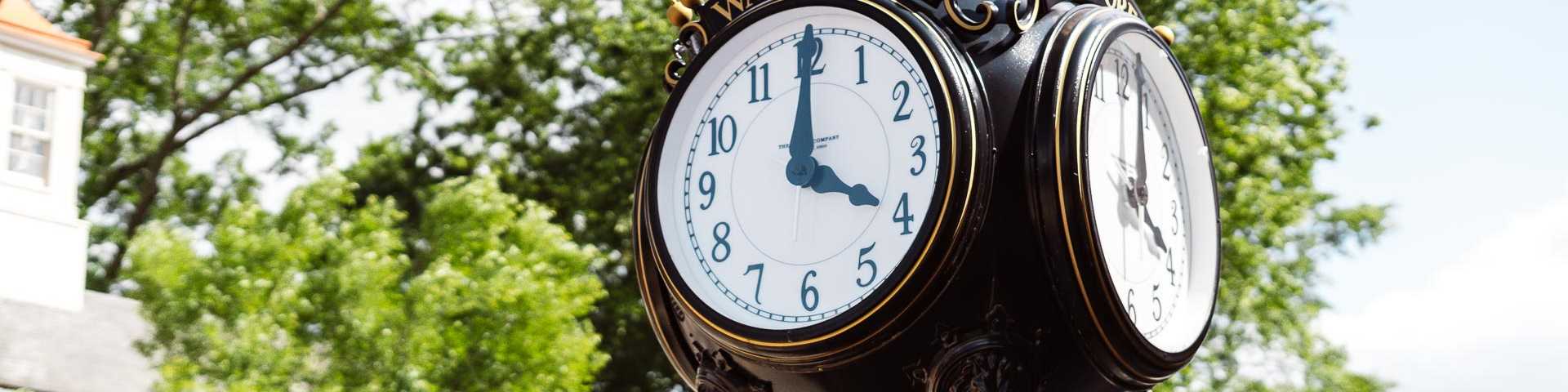Historic Wake Forest town clock on ornate pedestal amid lush trees and brick buildings on sunny day