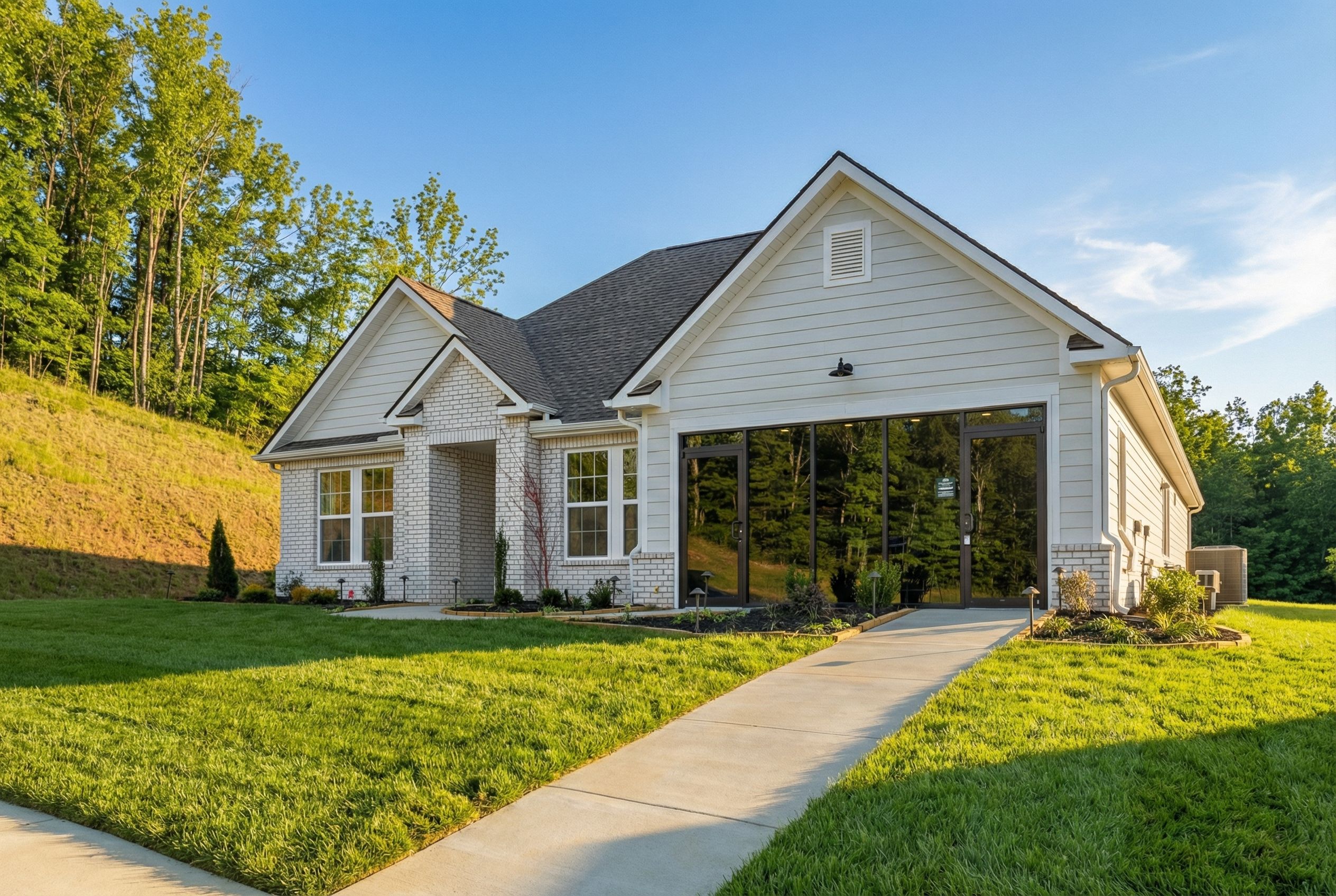 Elegant one-story The Hibiscus F home exterior by Davidson Homes in Cullman, AL, with white CementConcrete siding, brick accents, two-car garage, and lush green lawn
