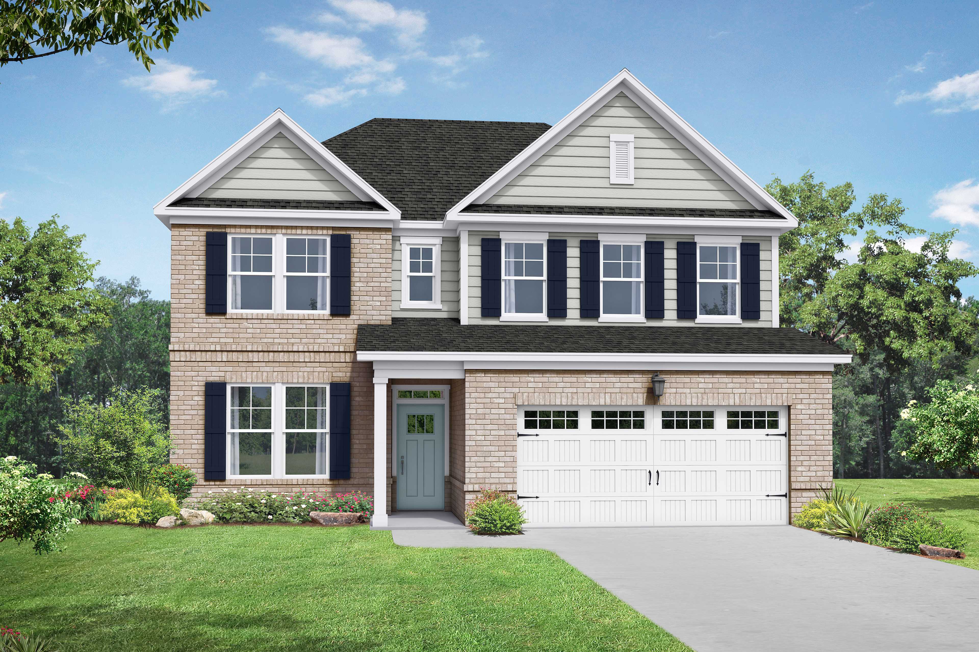 Two-story brick and siding facade of The Willow C home design with two-car garage, front porch, and landscaped yard
