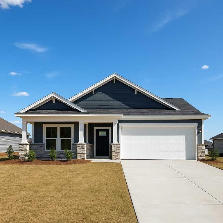 Modern navy blue single-story home with stone-accented porch, white garage, and lush landscaping in Opelika, Alabama - Davidson Homes The Luna B