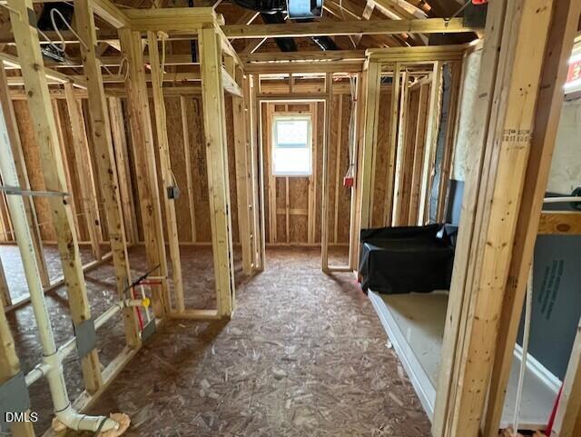 Interior wood framing of bathroom under construction in The Gavin A floor plan at Gregory Village in Lillington, NC.