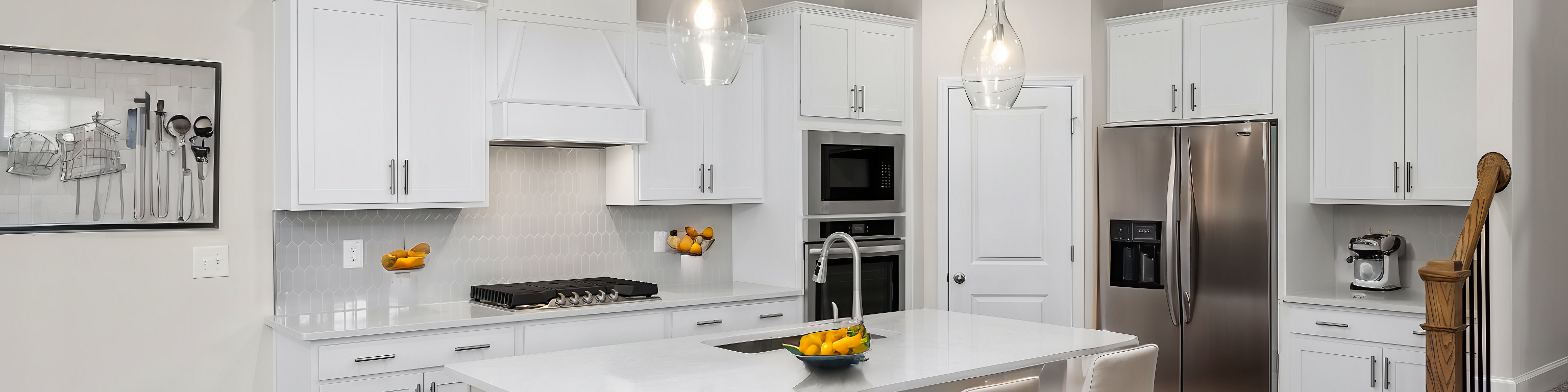 Spacious white kitchen with quartz island, bar stools, stainless appliances at Wendell Ridge, Wendell NC by Davidson Homes