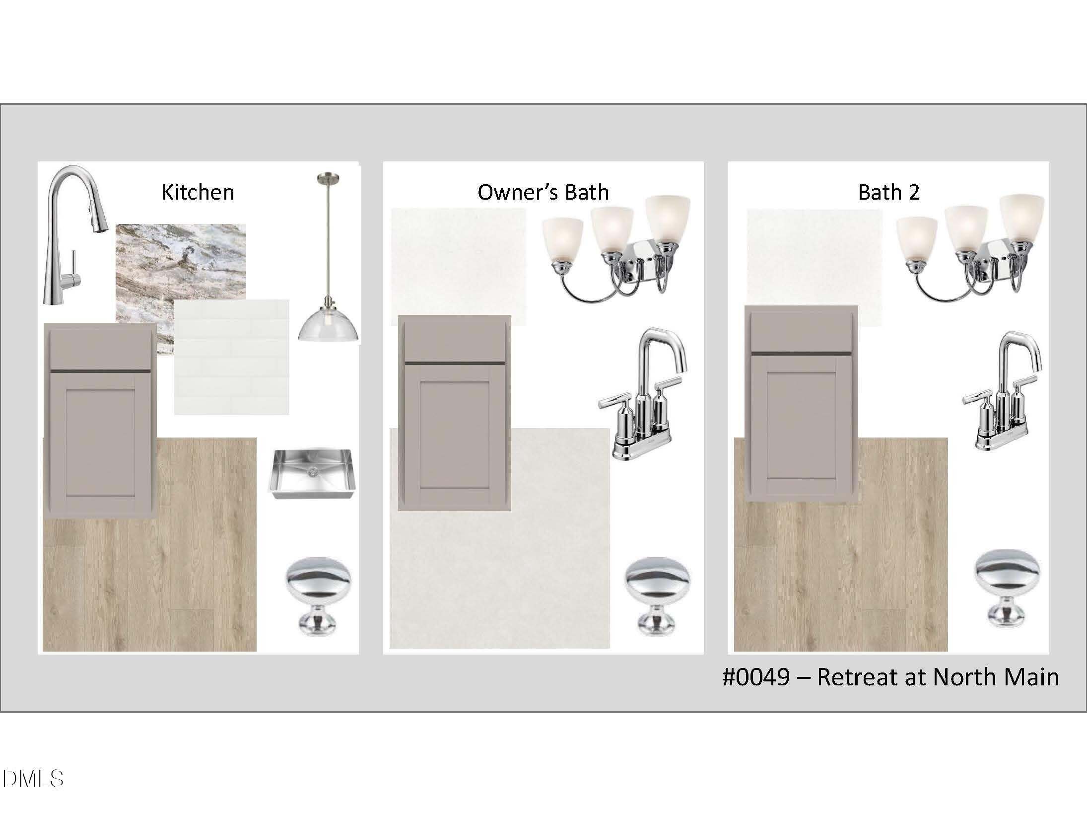 Kitchen and bath design board featuring gray shaker cabinets, matte black faucets, subway tile backsplash in Davidson Homes The Daphne D, Lillington NC
