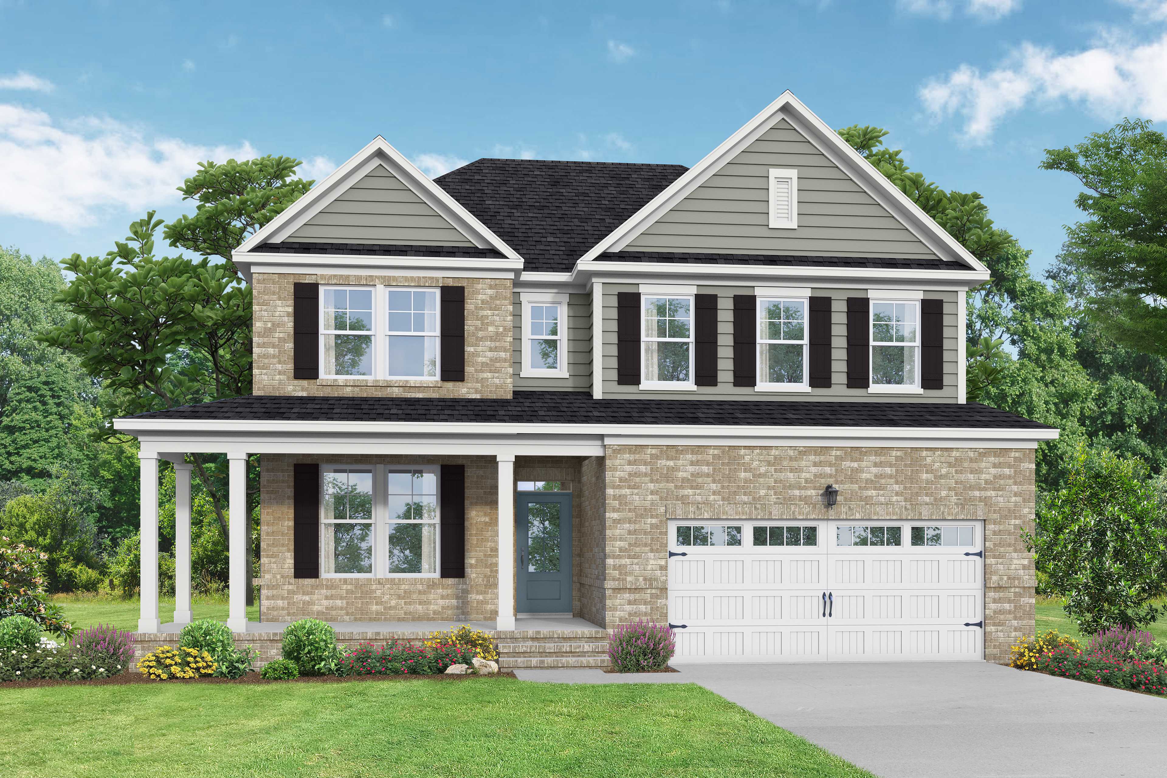 Two-story The Willow F home elevation by Davidson Homes in Wake Forest NC with brick base, gray siding, covered porch, 2-car garage