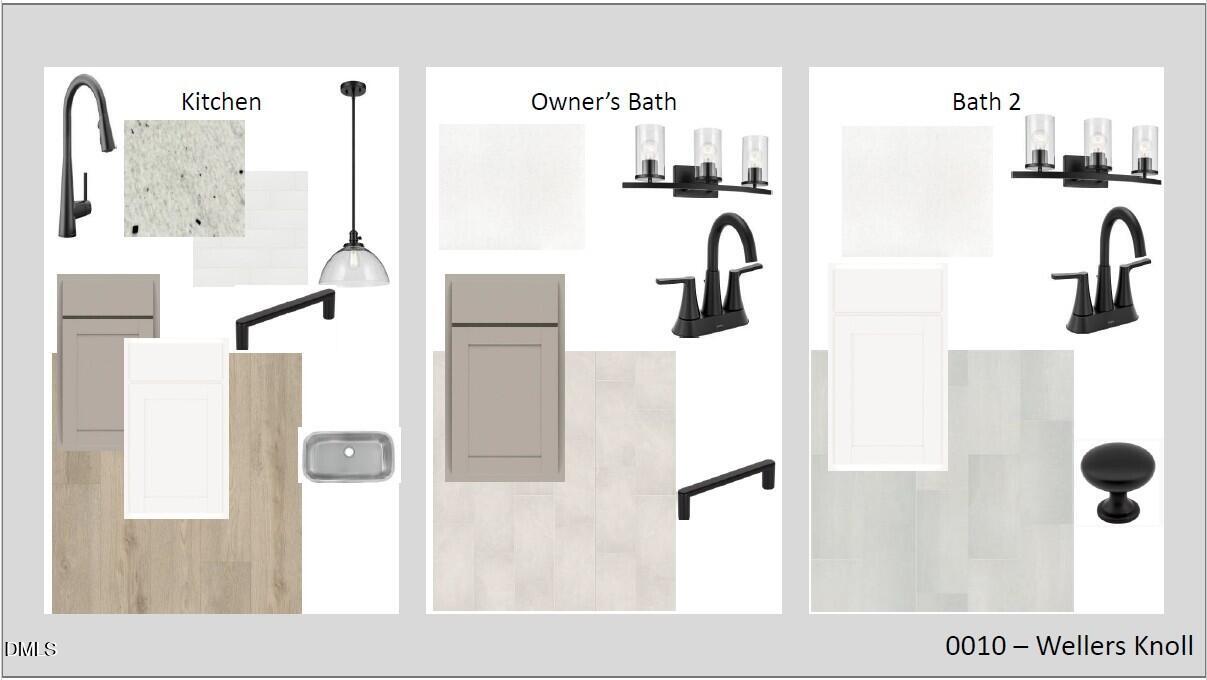 Modern kitchen with quartz counters, black faucets, and cabinets; owner's bath and Bath 2 vanities in Davidson Homes Carter C, Wellers Knoll, Lillington, NC