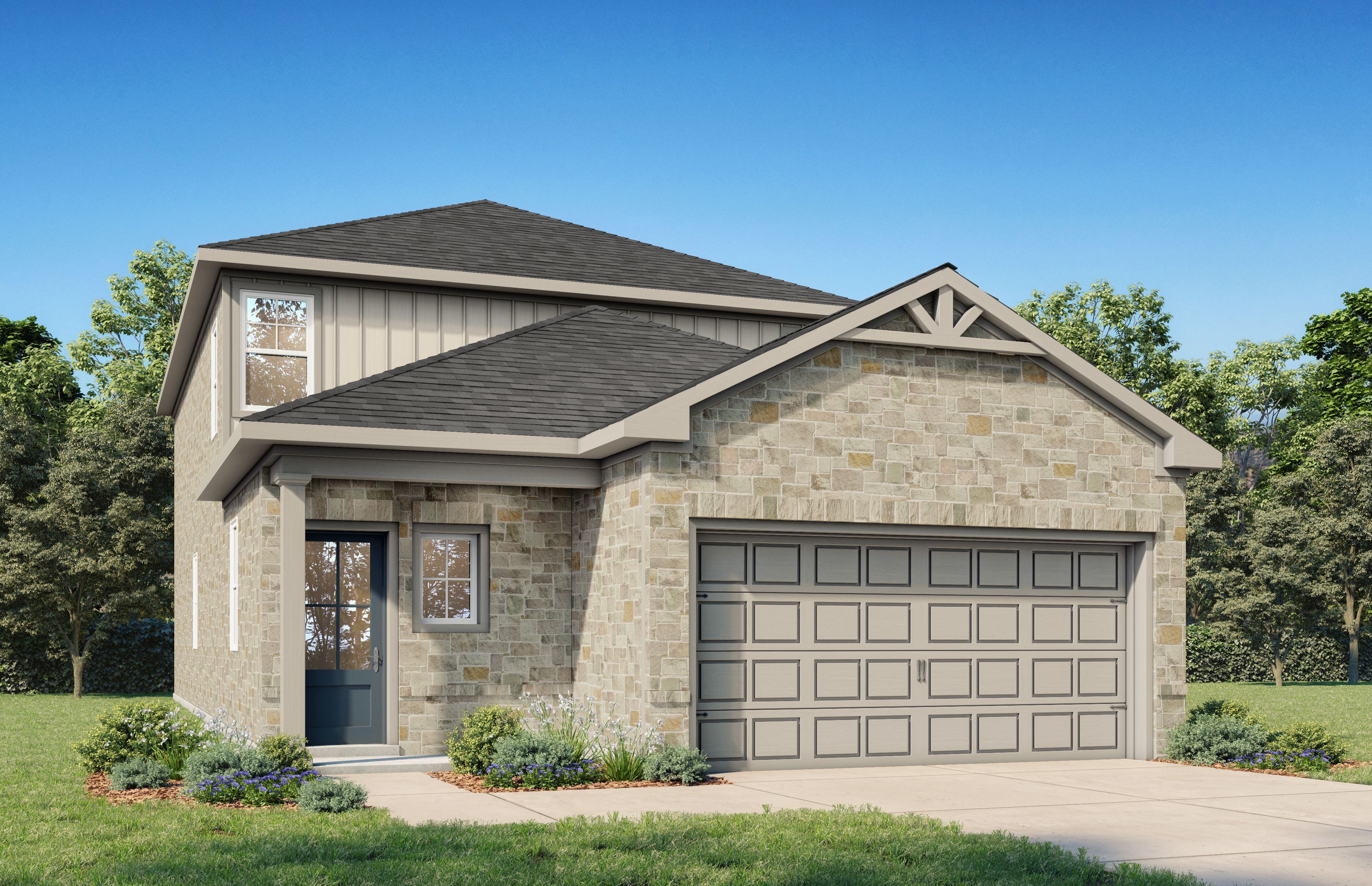 Two-story Summit E home elevation featuring stone brick facade, siding, two-car garage, and landscaped yard in San Antonio