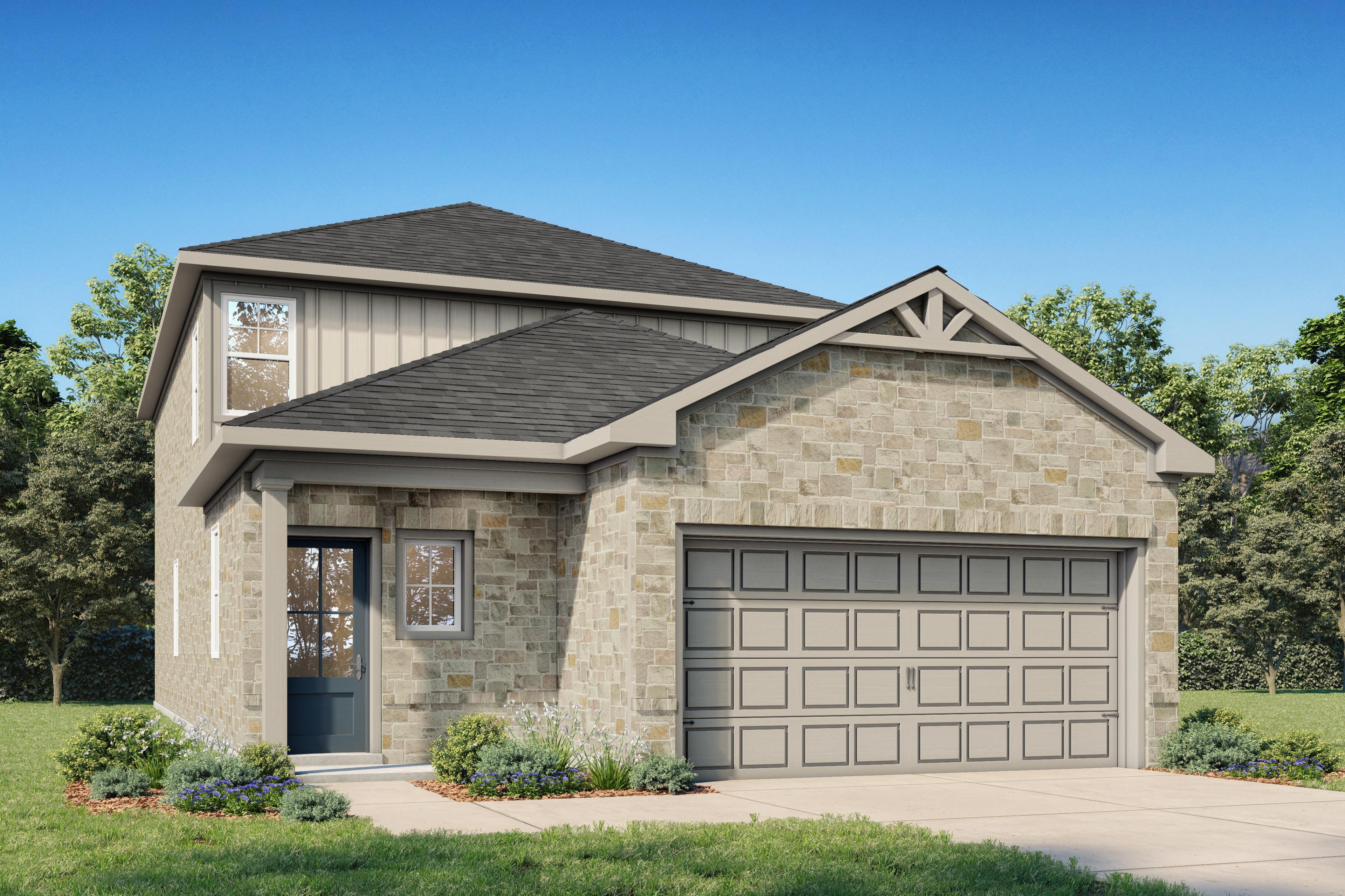 Two-story Summit E home elevation featuring stone brick facade, siding, two-car garage, and landscaped yard in San Antonio