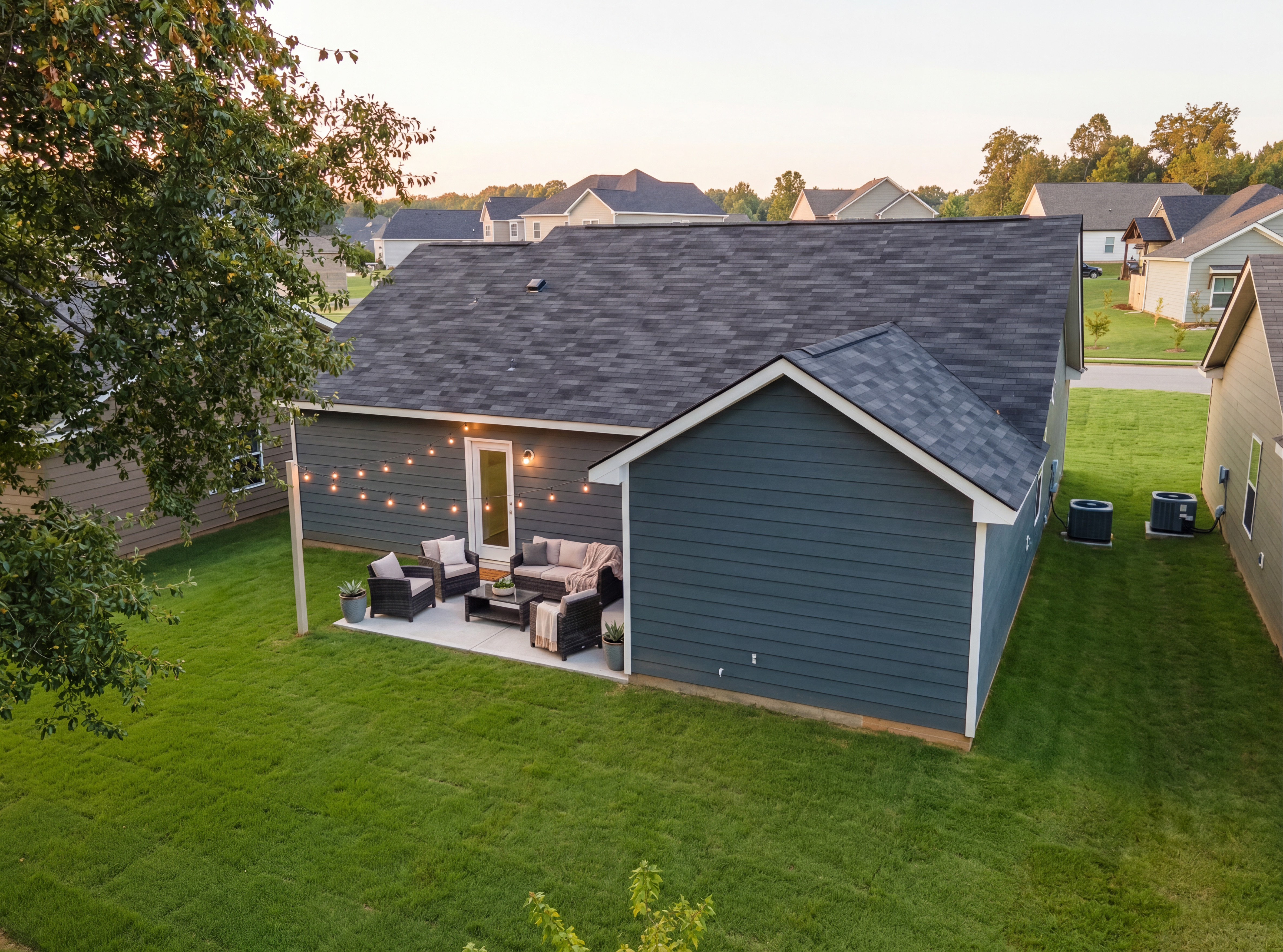 Cozy navy blue home backyard patio at Summer Vineyard in Phenix City Alabama with lounge seating, string lights and lush green lawn