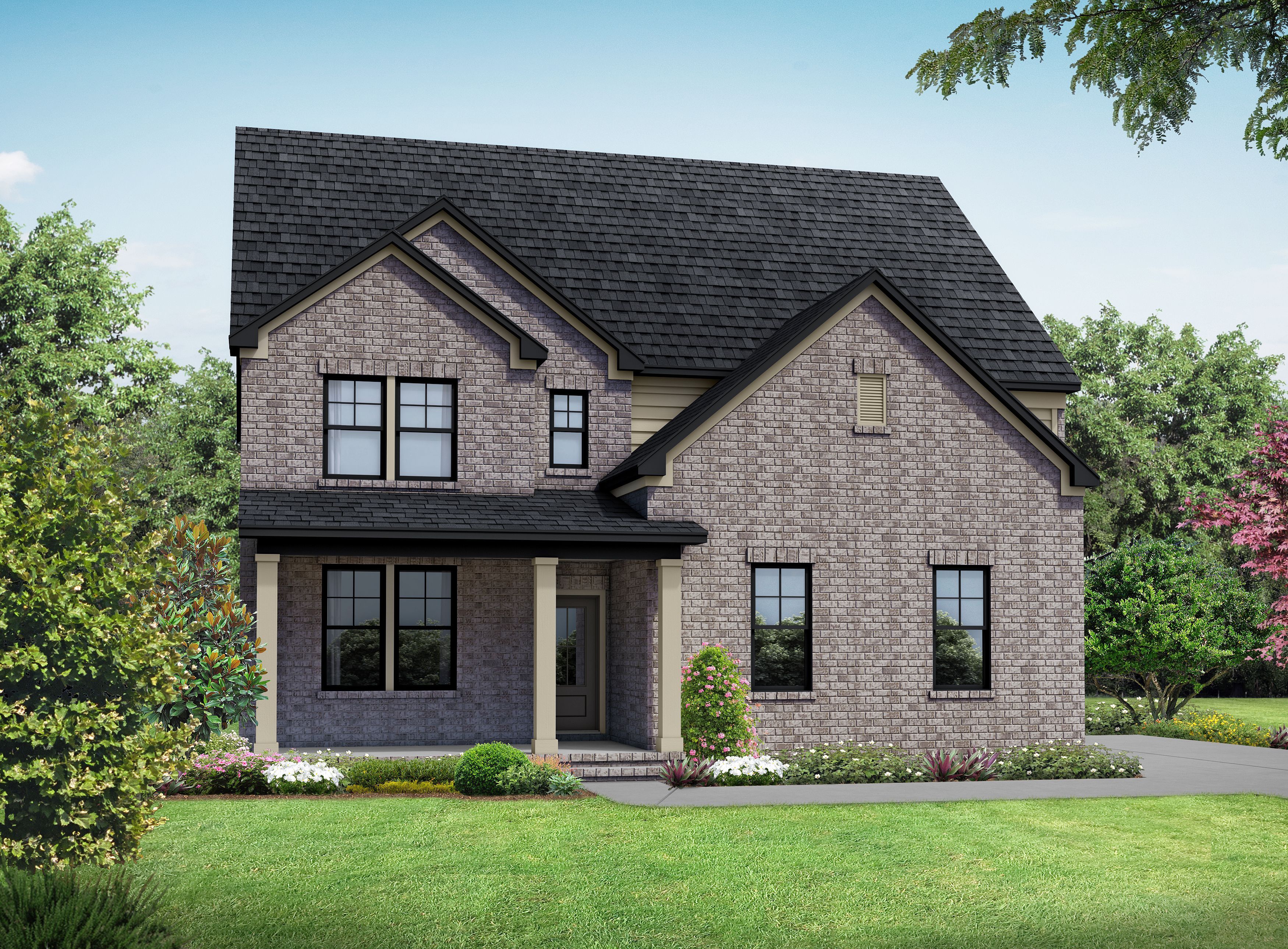 Two-story The Henry A home elevation with brown siding, gabled roof, covered porch, two-car garage, and lush landscaping