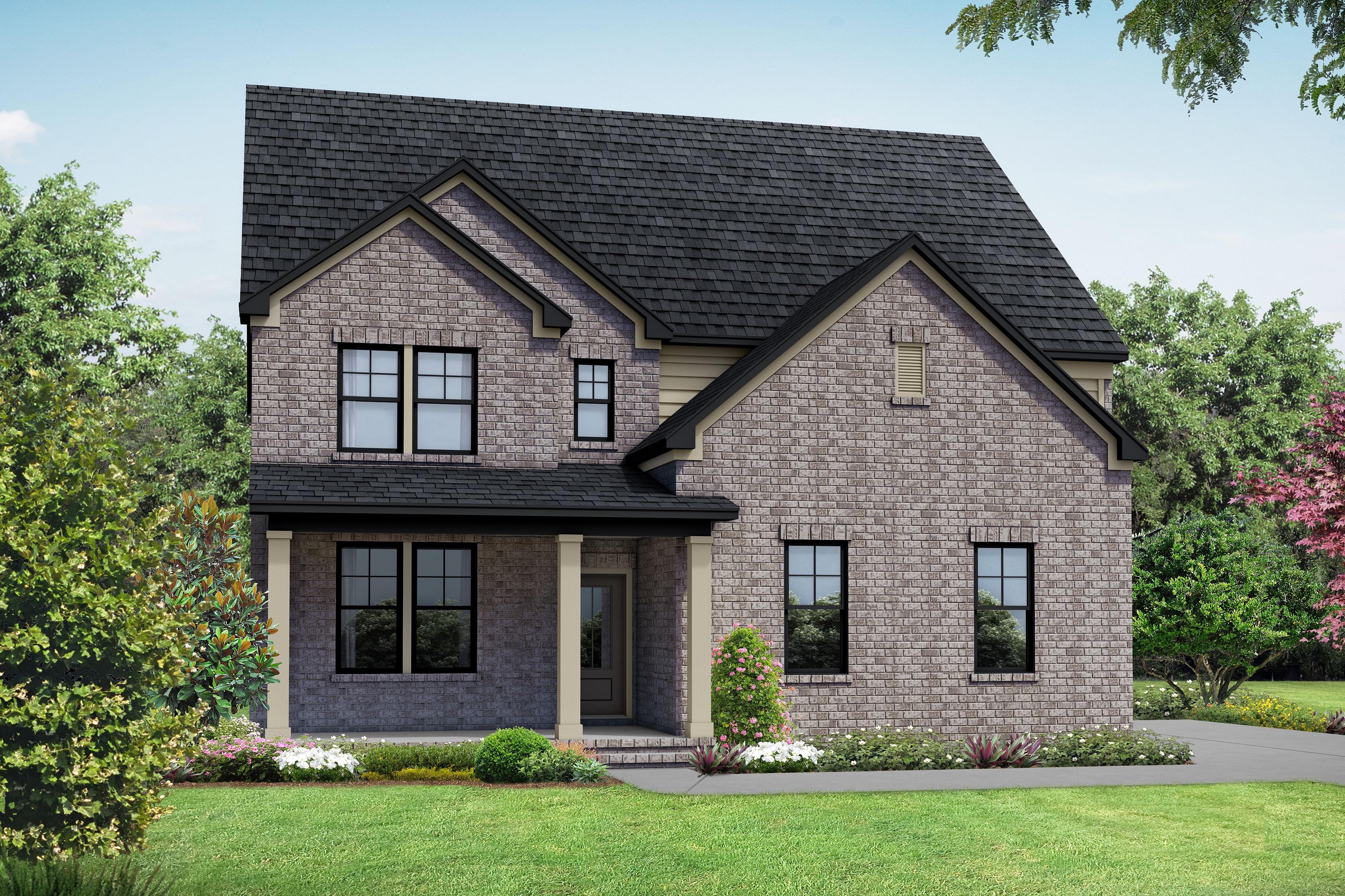 Two-story The Henry A home elevation with brown siding, gabled roof, covered porch, two-car garage, and lush landscaping