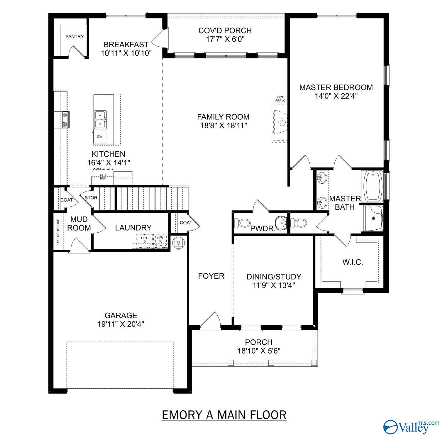 Emory A main floor plan: open kitchen, family room, master suite, 2-car garage in 4-bed Davidson Homes layout, Decatur AL
