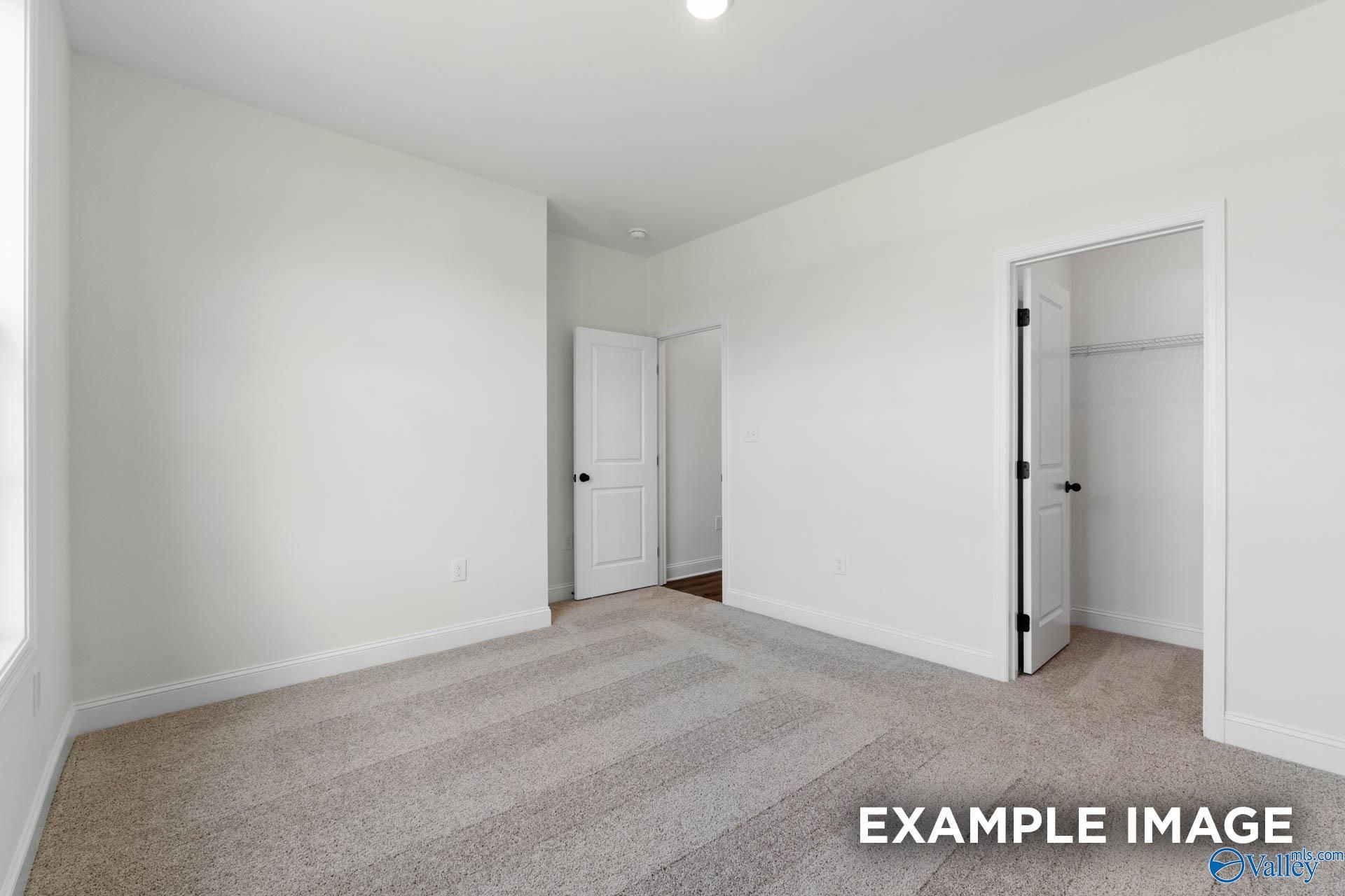 Spacious carpeted bedroom with walk-in closet in The Rockford B floor plan by Davidson Homes in Briercreek, Meridianville.