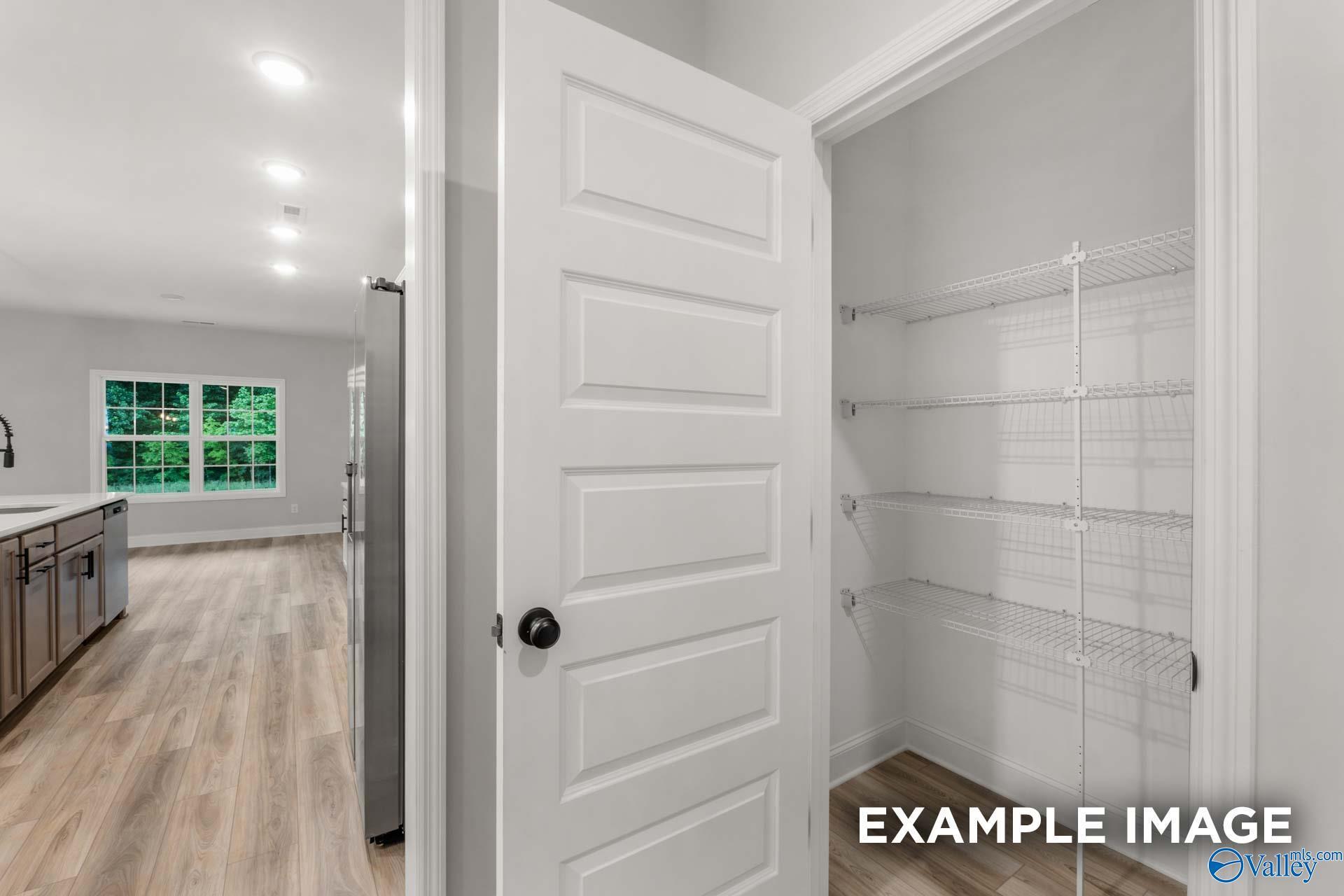 Walk-in pantry with adjustable wire shelving beside modern kitchen in Davidson Homes The Finleigh, Meridianville, Alabama
