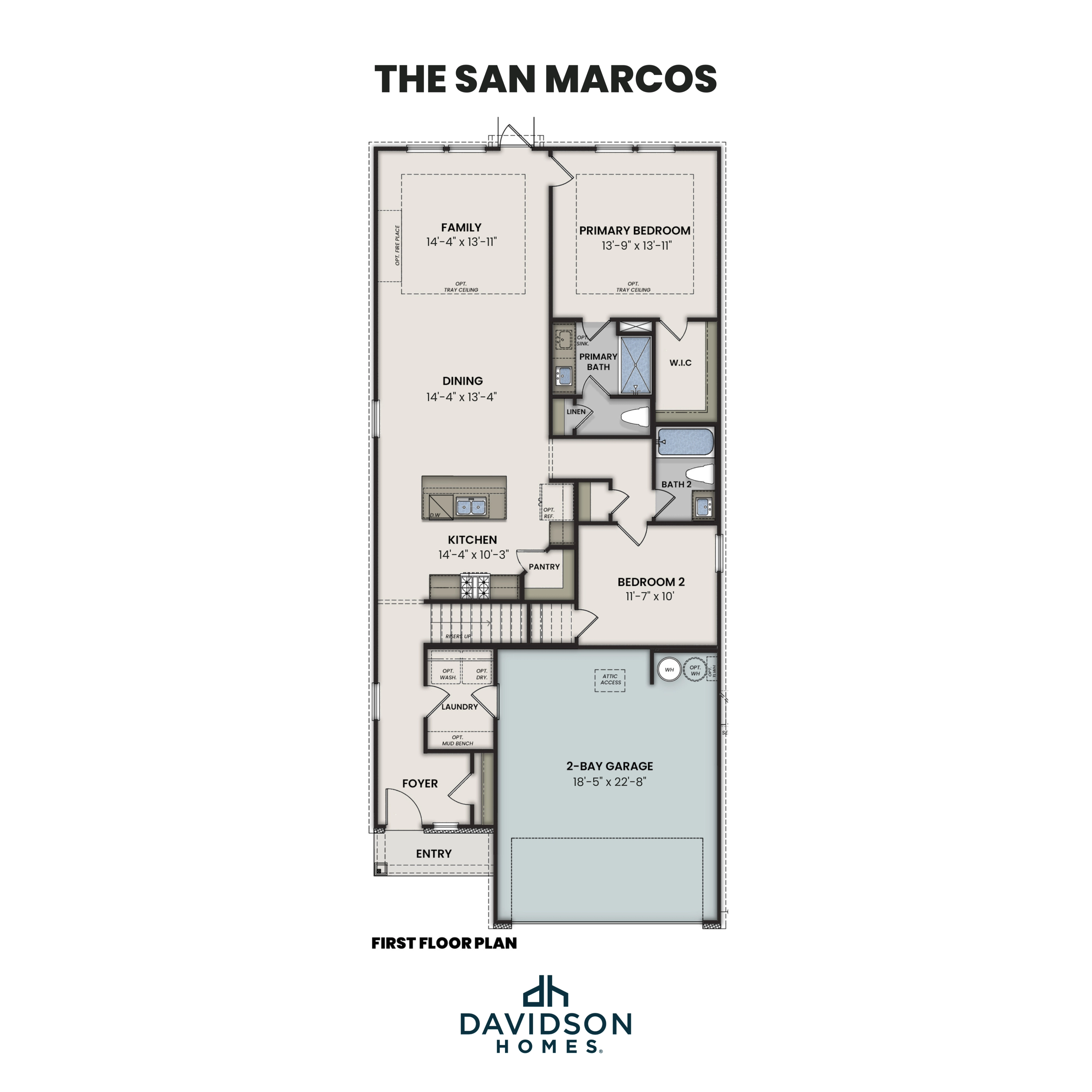 First floor plan of The San Marcos featuring an open-concept kitchen, dining area, and main-floor primary suite.