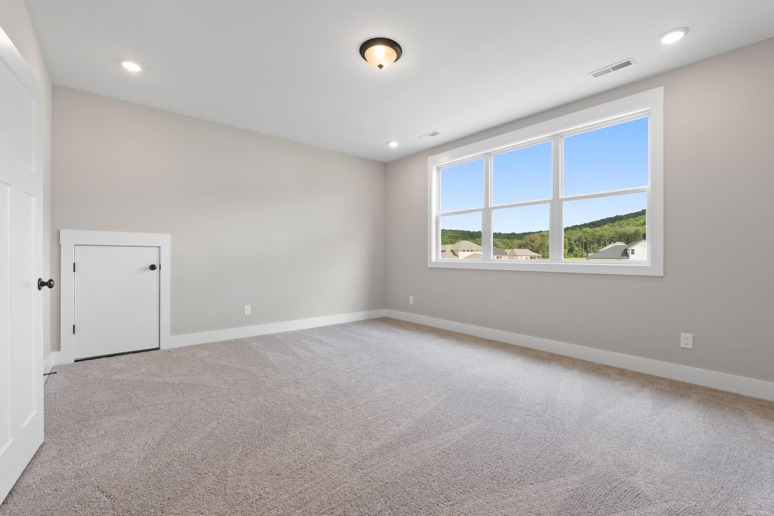 Spacious bedroom in The Oxford B with light gray walls, beige carpet, large window overlooking green hills, and ceiling light