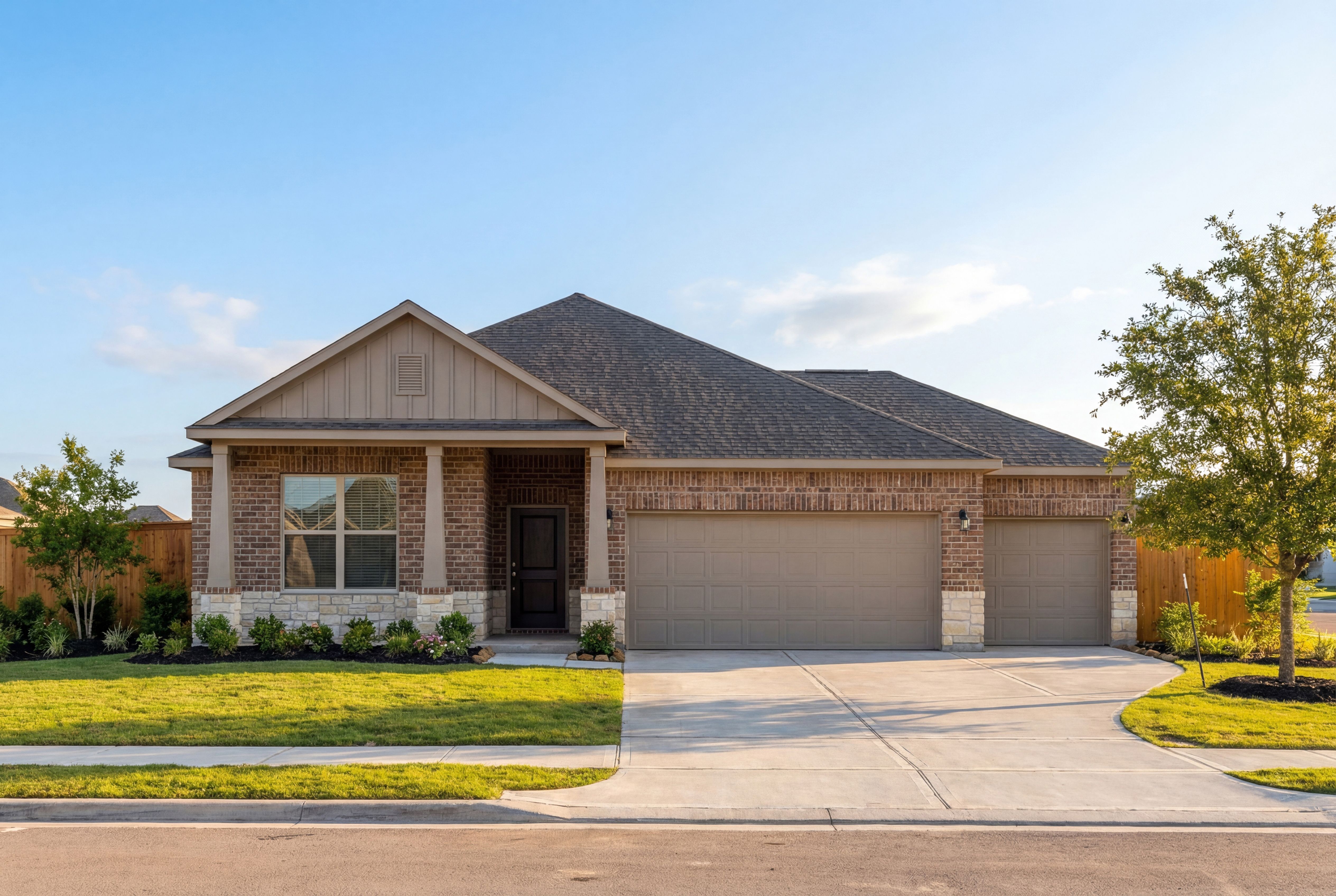Modern single-story elevation of The Daphne H with brick stone facade, 3-car garage, and landscaped yard in Dayton Texas