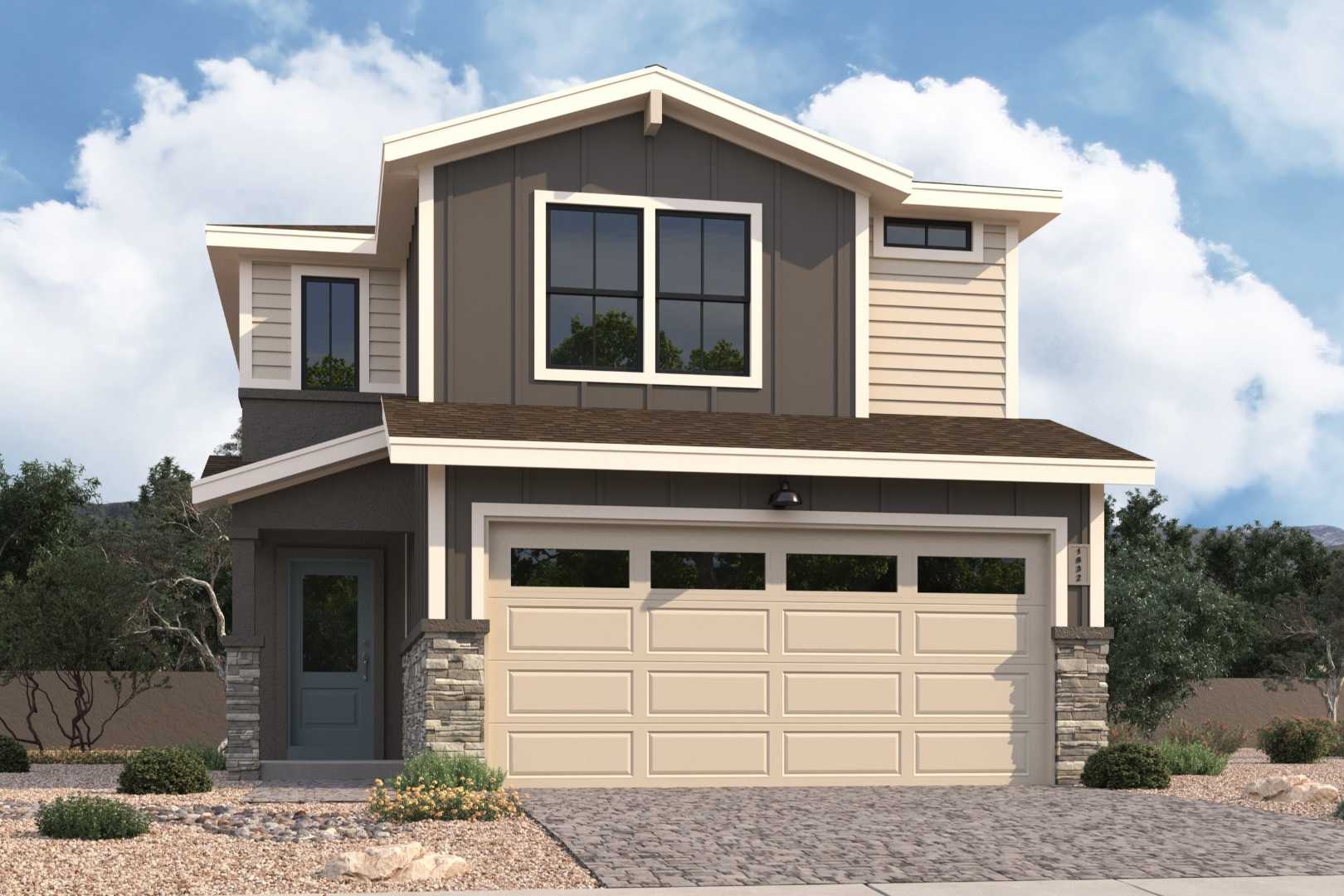 Two-story Augusta B home elevation by Davidson Homes: beige siding, stone accents, 2-car garage, desert landscaping in Prescott AZ