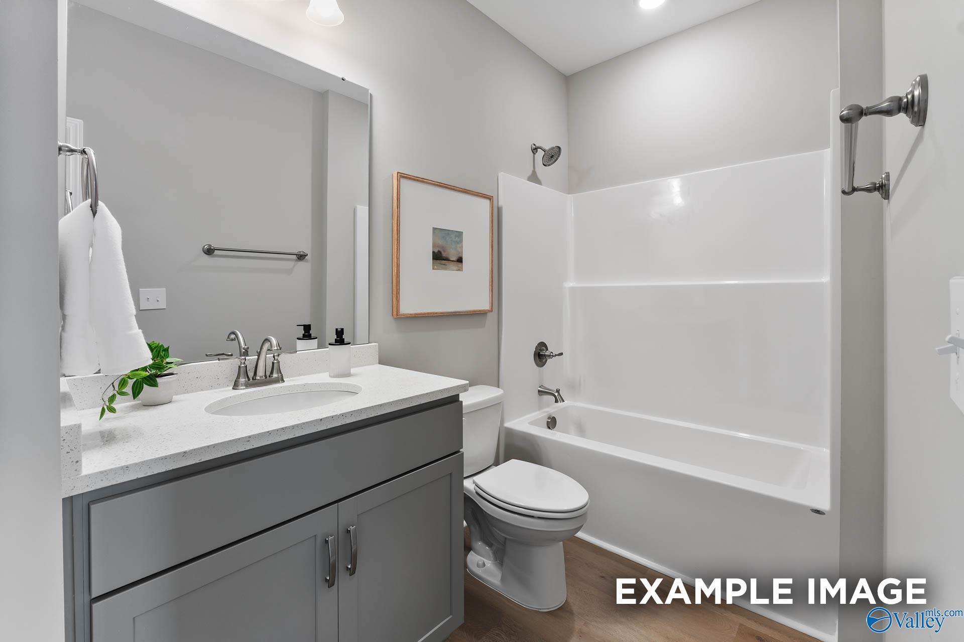 Modern bathroom with gray vanity, white tub-shower combo, and framed artwork in Davidson Homes The Charm, Huntsville, Alabama