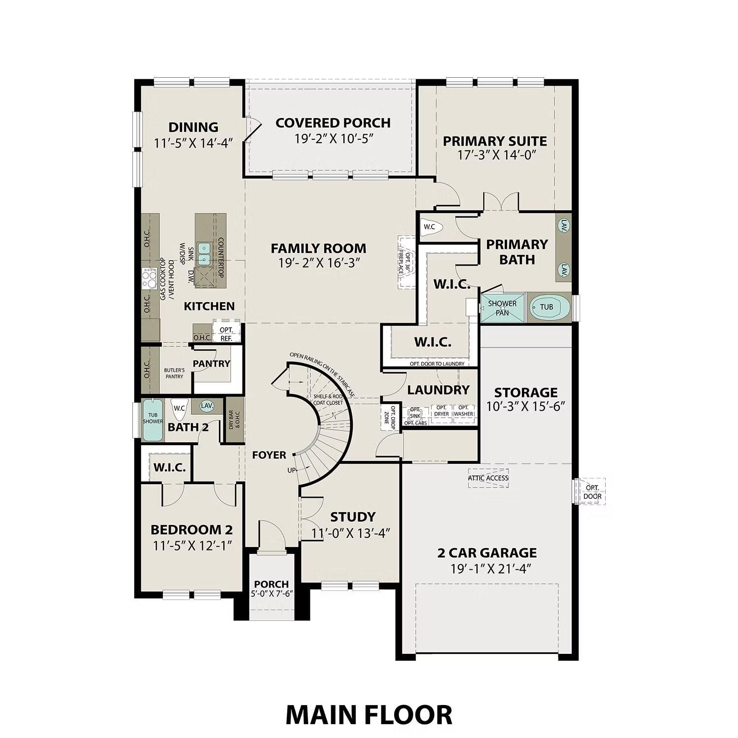 Detailed main floor plan of The Victoria C 4-bedroom home with open kitchen, family room, primary suite, and 2-car garage in Lago Mar, Texas City