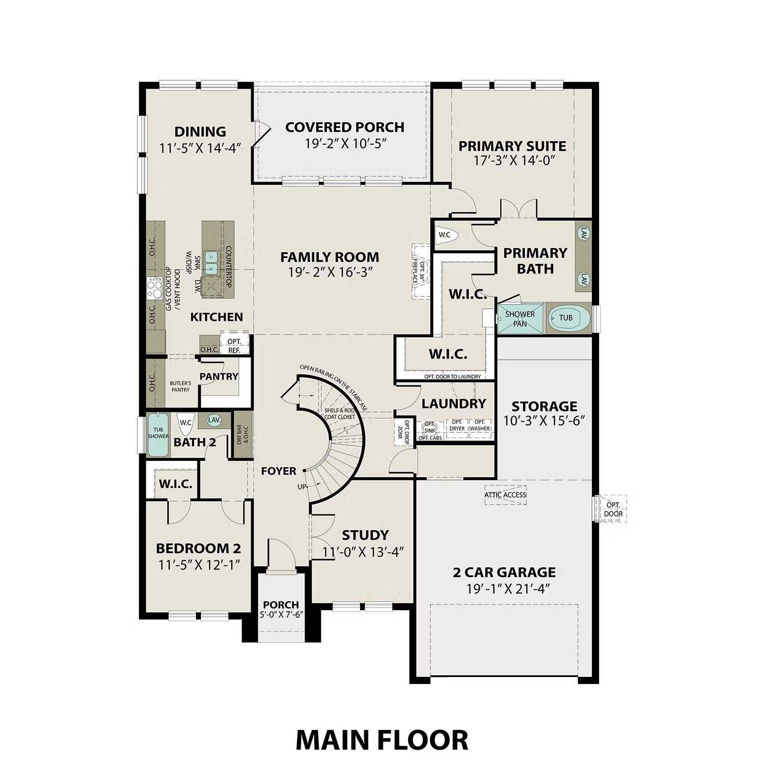 Main floor plan of The Victoria C 4-bedroom home featuring open kitchen, family room, primary suite, and 2-car garage in Lago Mar, Texas City