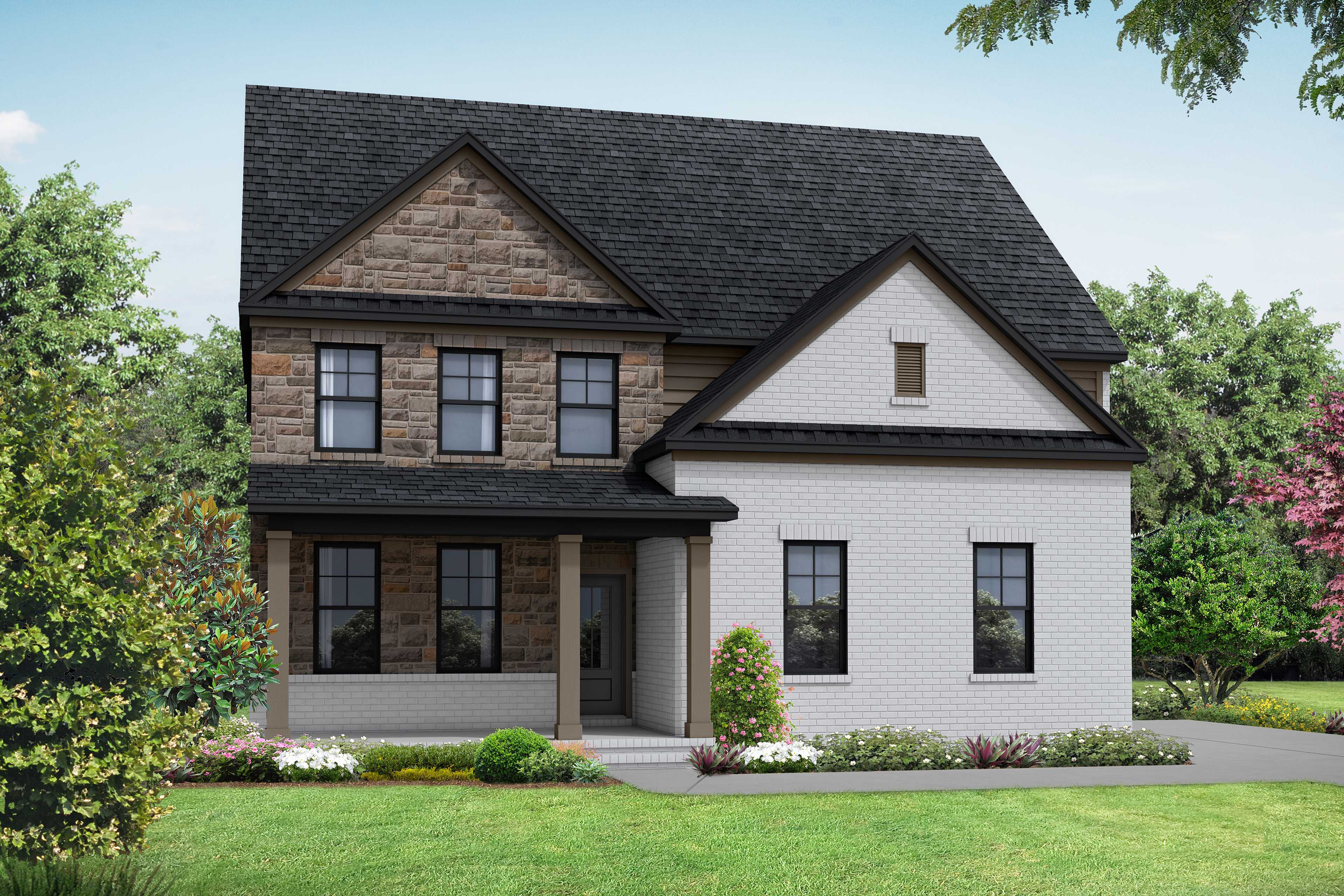 Two-story exterior of The Henry C showcasing gray siding, brick accents, covered porch, two-car garage, and lush landscaping