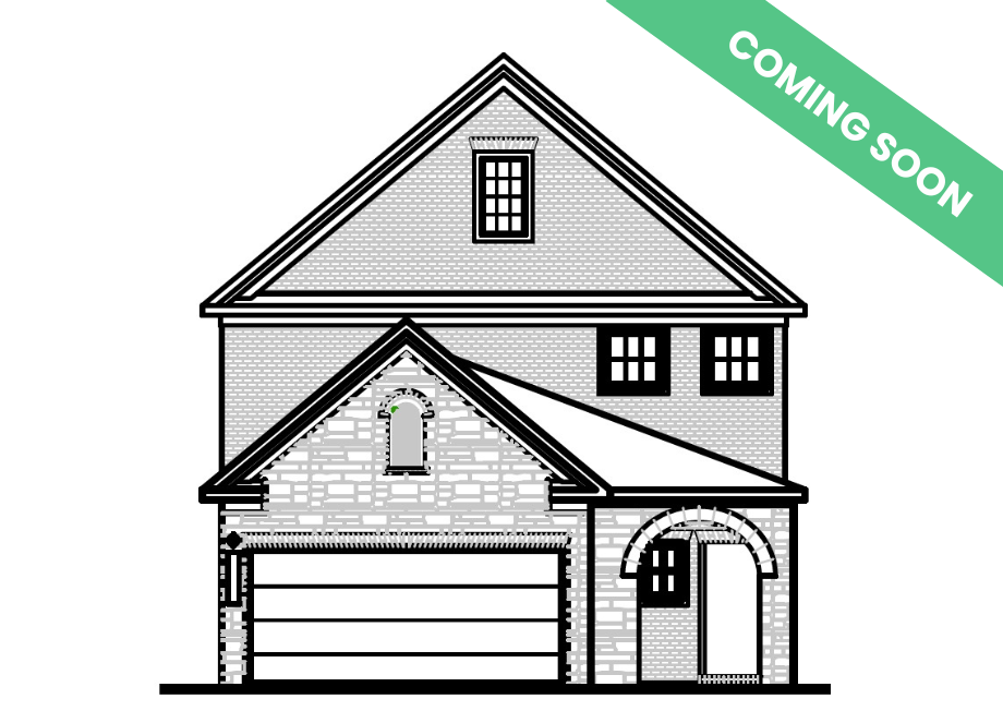 The Pinecrest J elevation featuring a two-story design with a brick and shingle exterior and a two-car garage.