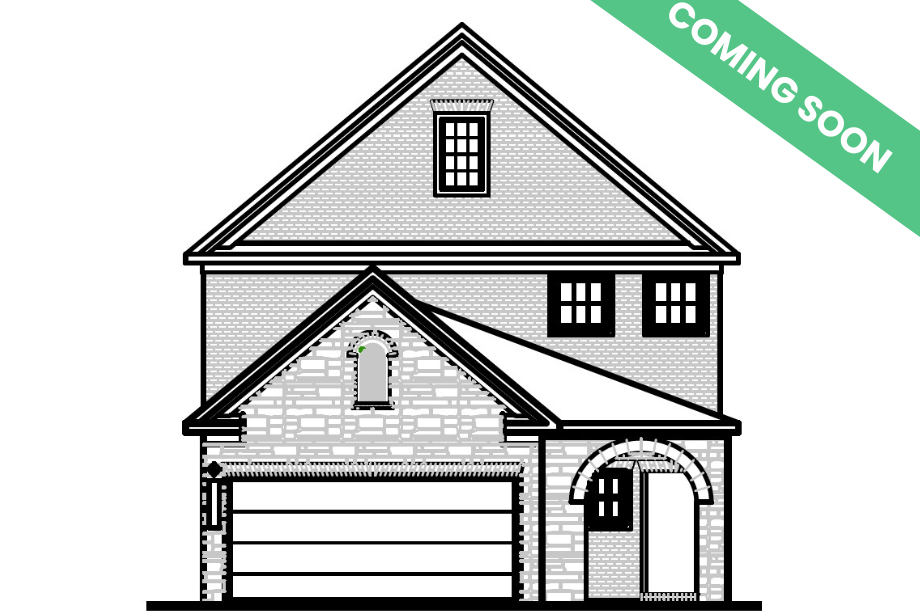 The Pinecrest J elevation featuring a two-story design with a brick and shingle exterior and a two-car garage.