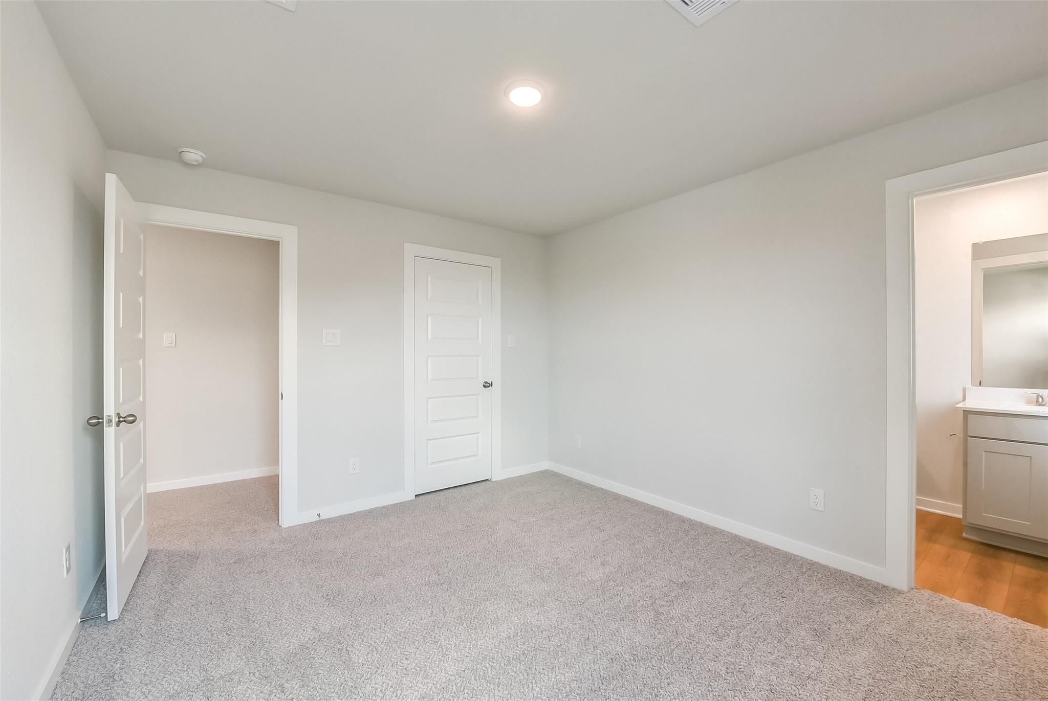Spacious secondary bedroom with gray carpet, walk-in closet, and en-suite bathroom vanity in Davidson Homes The Tierra C, Dayton, Texas
