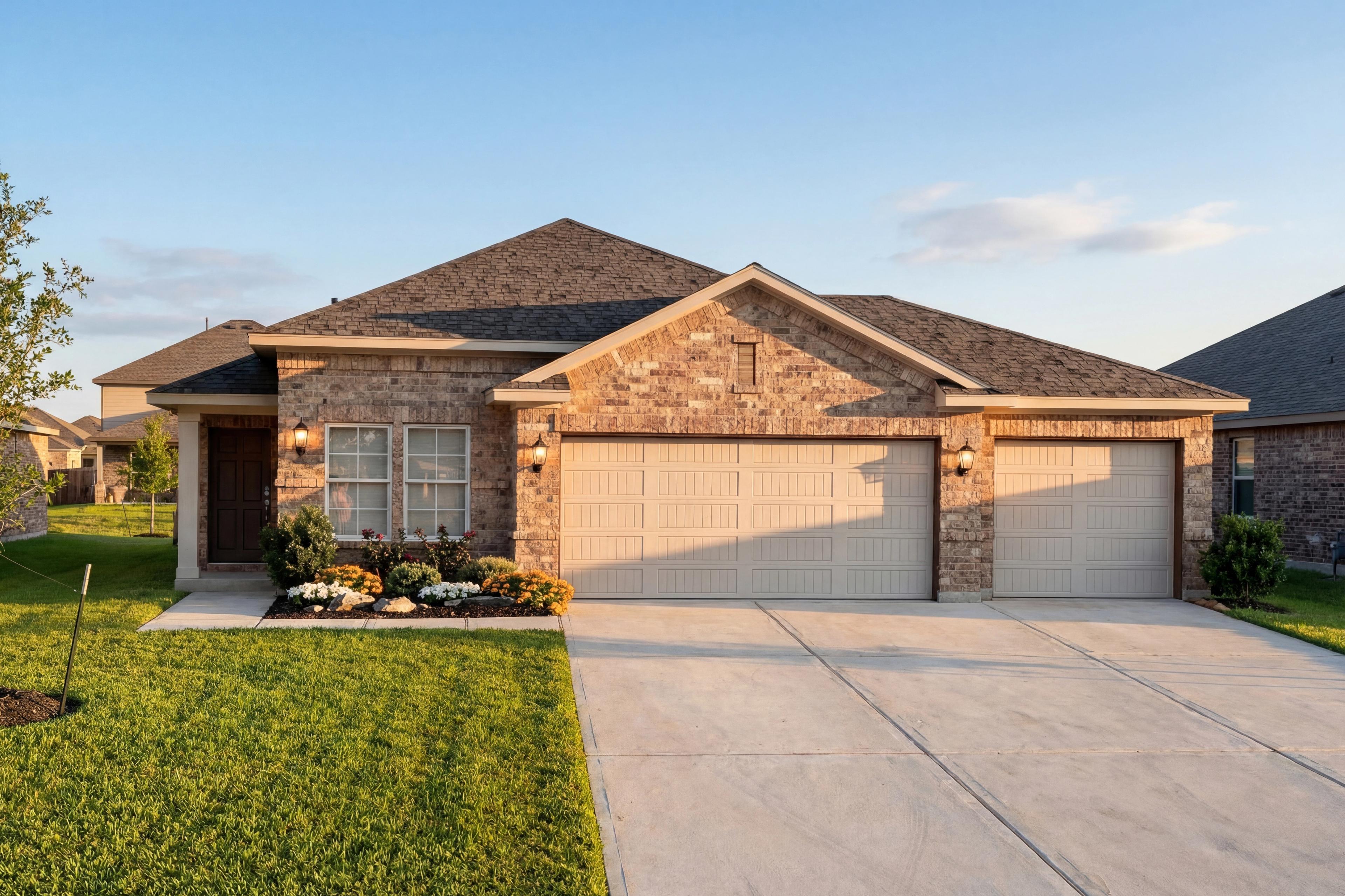 The Riviera A single-story home front elevation featuring brick exterior, three-car garage, and landscaped yard