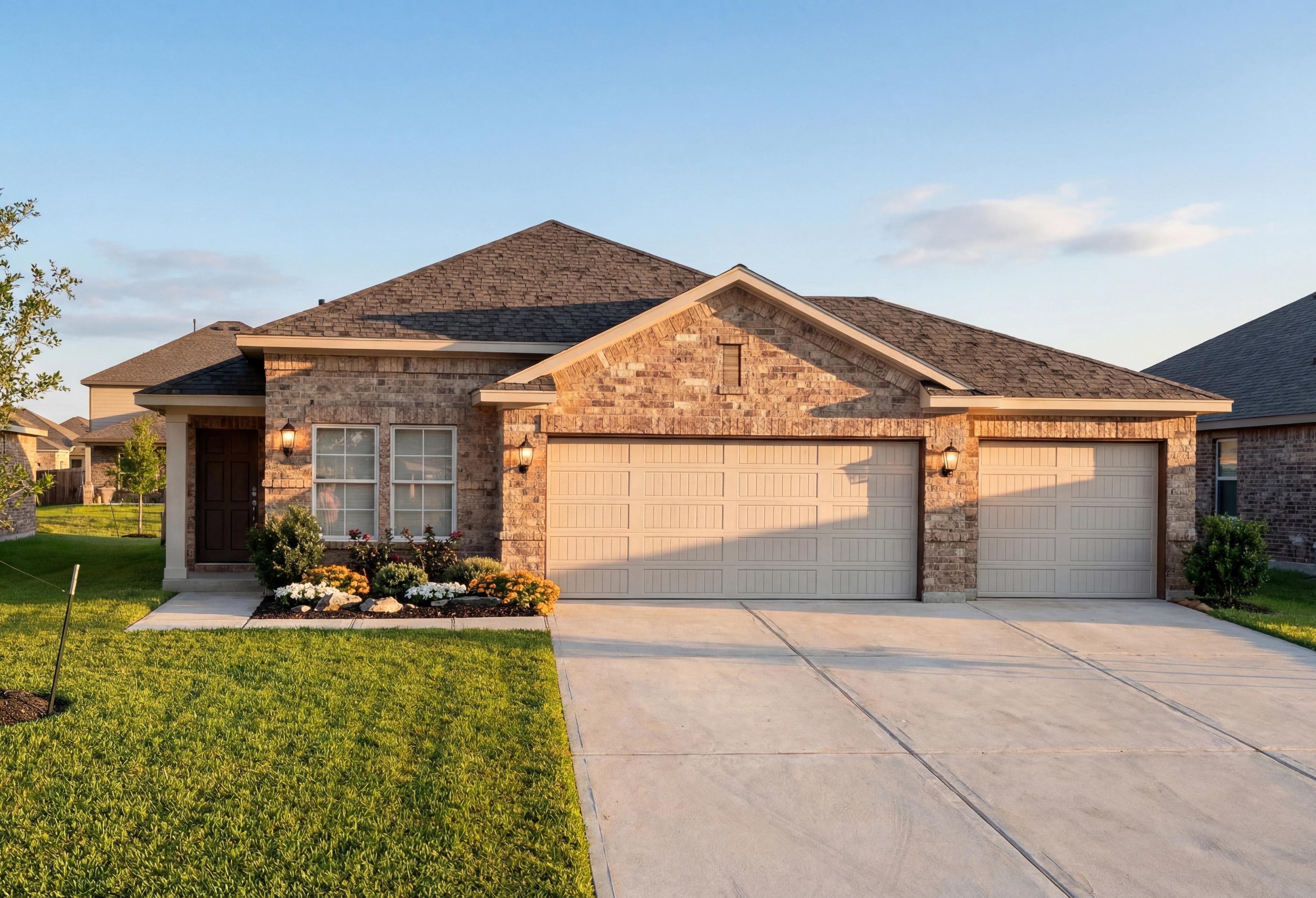 The Riviera A single-story home front elevation featuring brick exterior, three-car garage, and landscaped yard