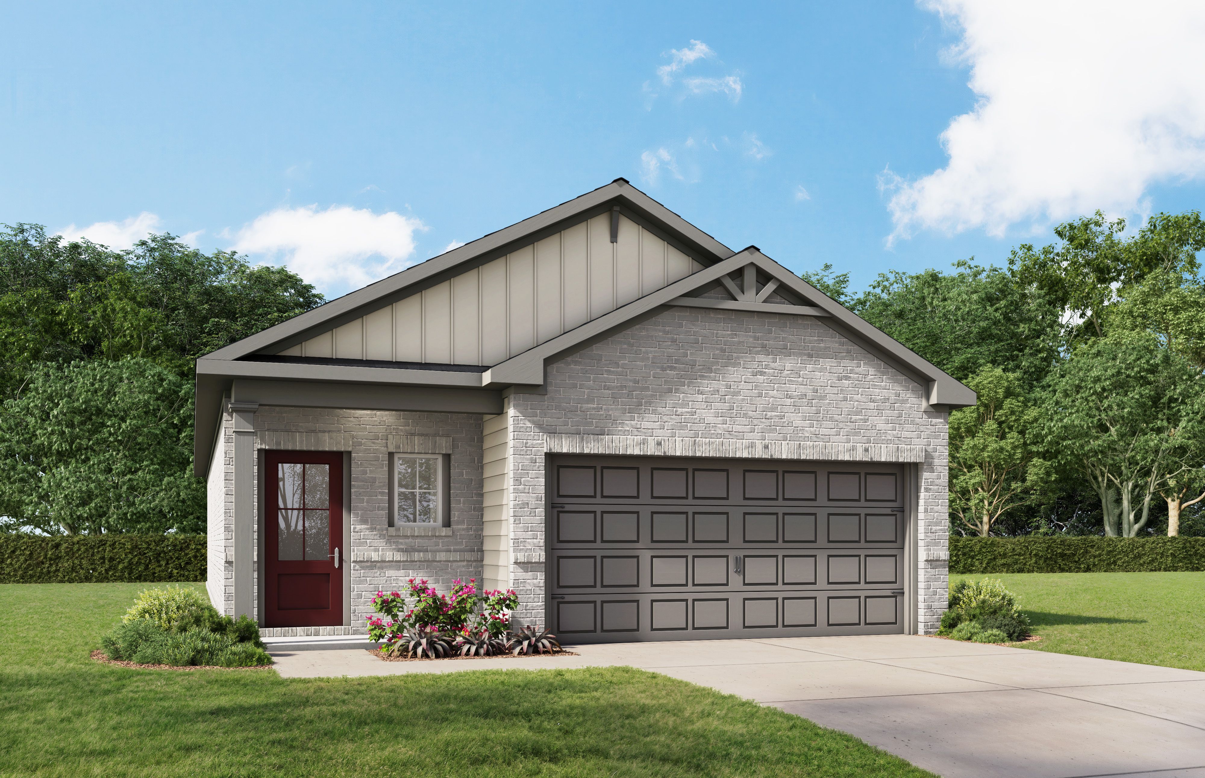 The Frio F 3-bedroom single-story home elevation with brick and composition exterior, 2-car garage, Heartland Texas