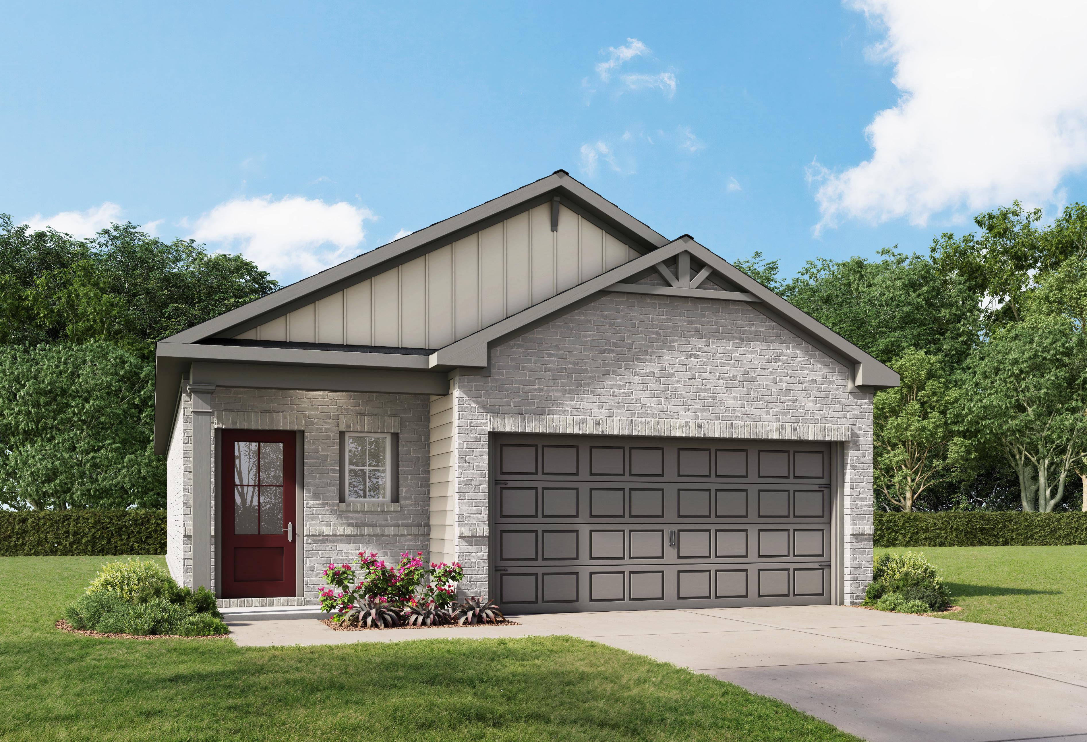 The Frio F 3-bedroom single-story home elevation with brick and composition exterior, 2-car garage, Heartland Texas