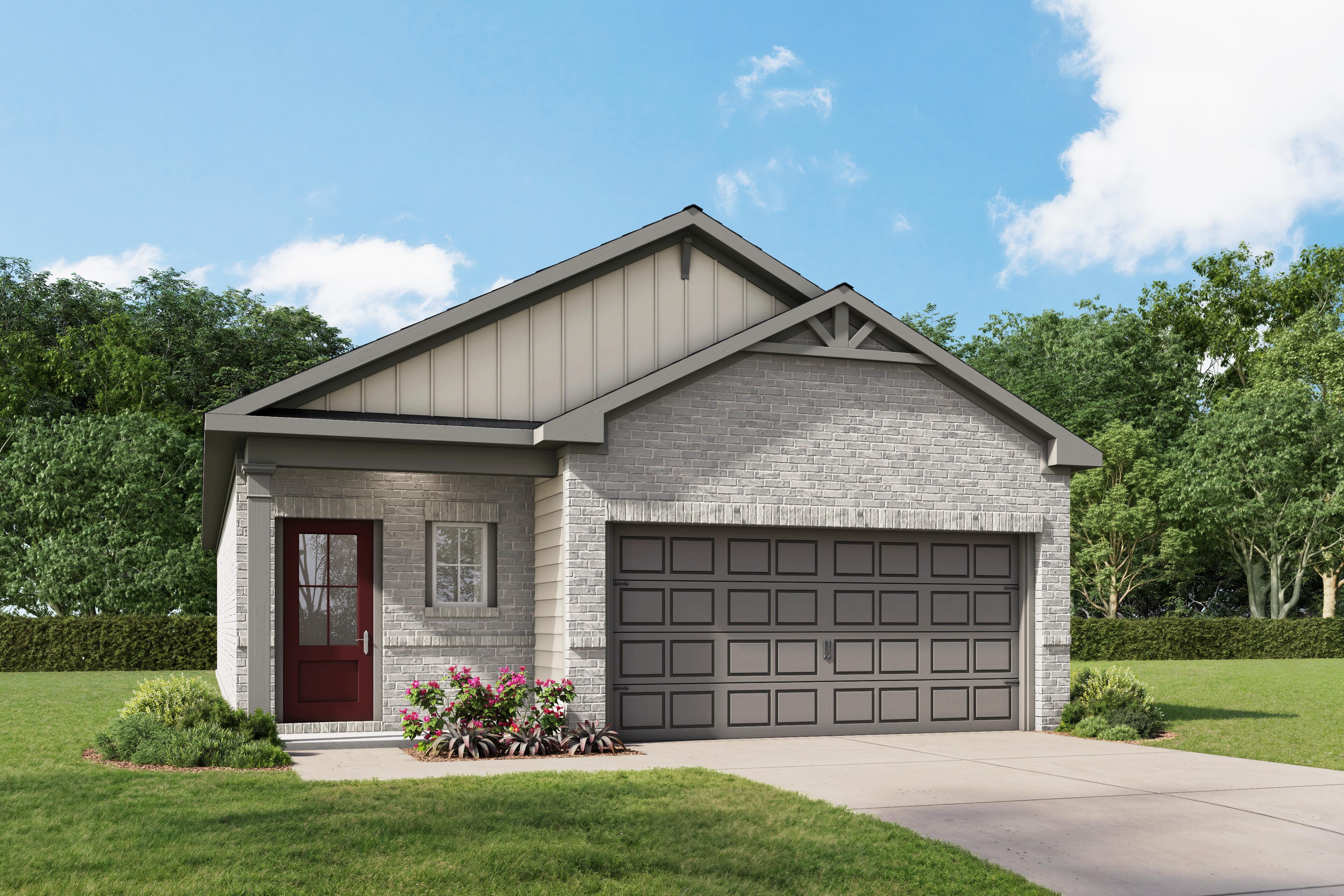 The Frio F 3-bedroom single-story home elevation with brick and composition exterior, 2-car garage, Heartland Texas