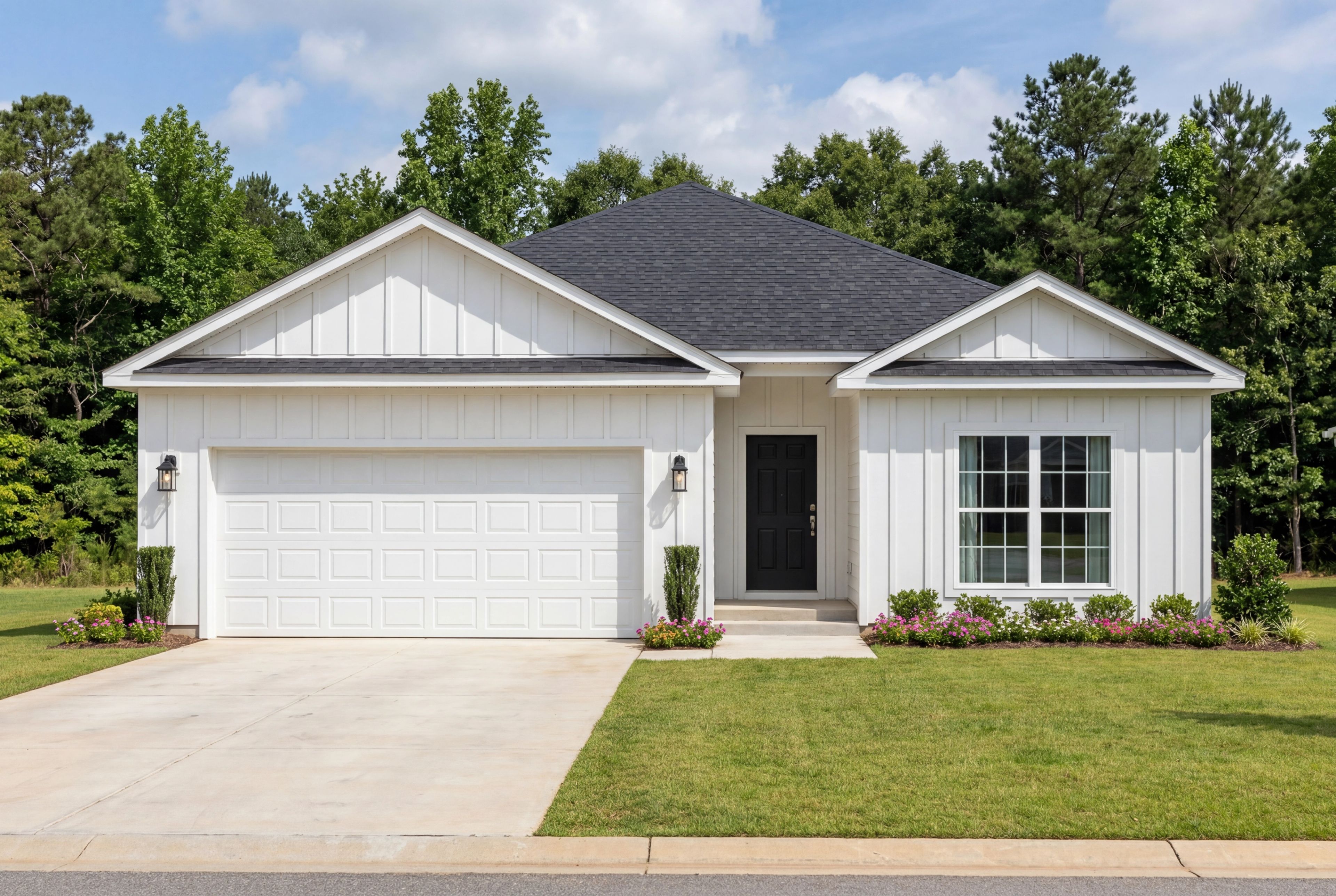 Modern farmhouse exterior of The Everett V in Athens, Alabama featuring white board and batten siding and 2-car garage.