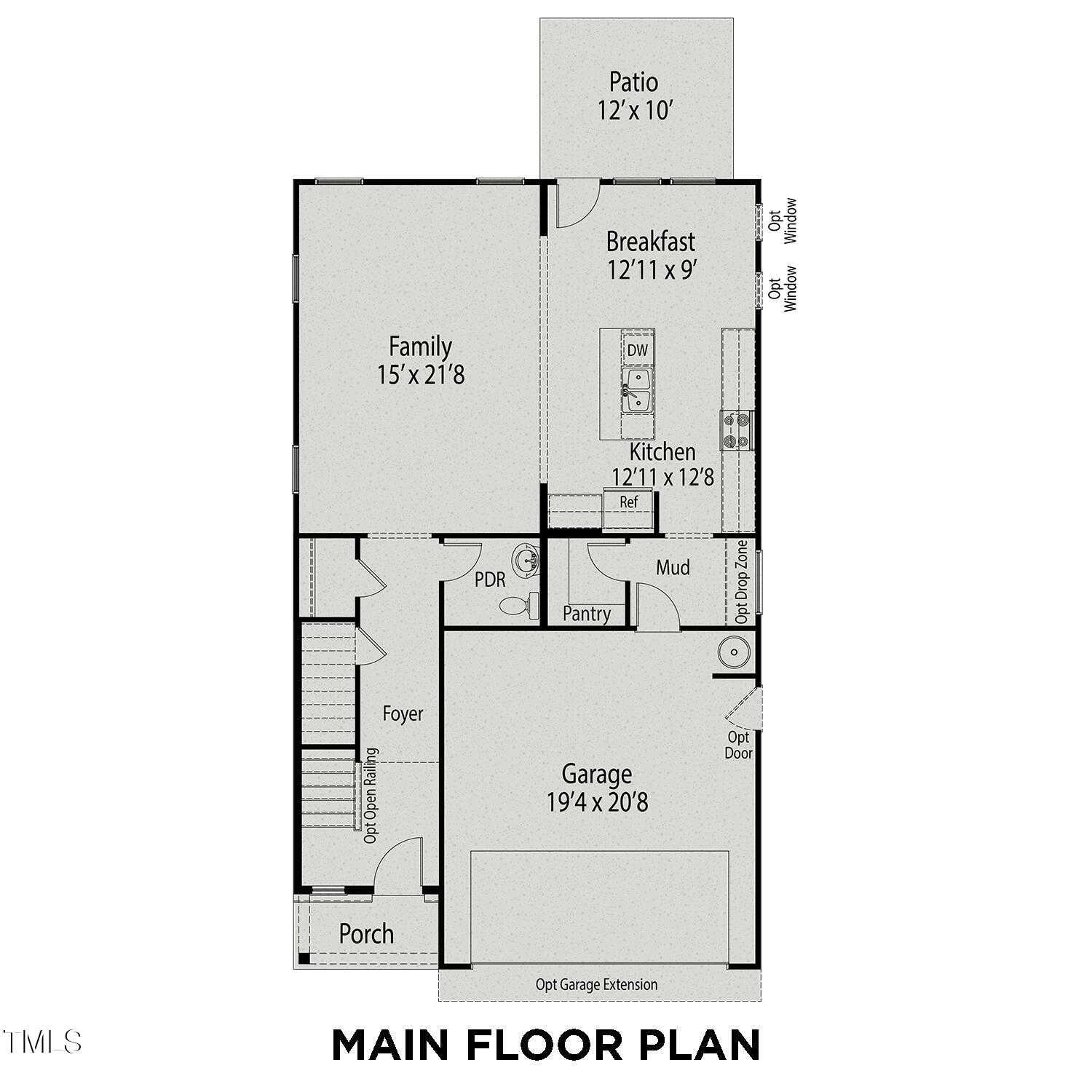 Main floor plan of The Gavin B: open kitchen, breakfast nook, family room, 2-car garage in Gregory Village, Lillington, NC