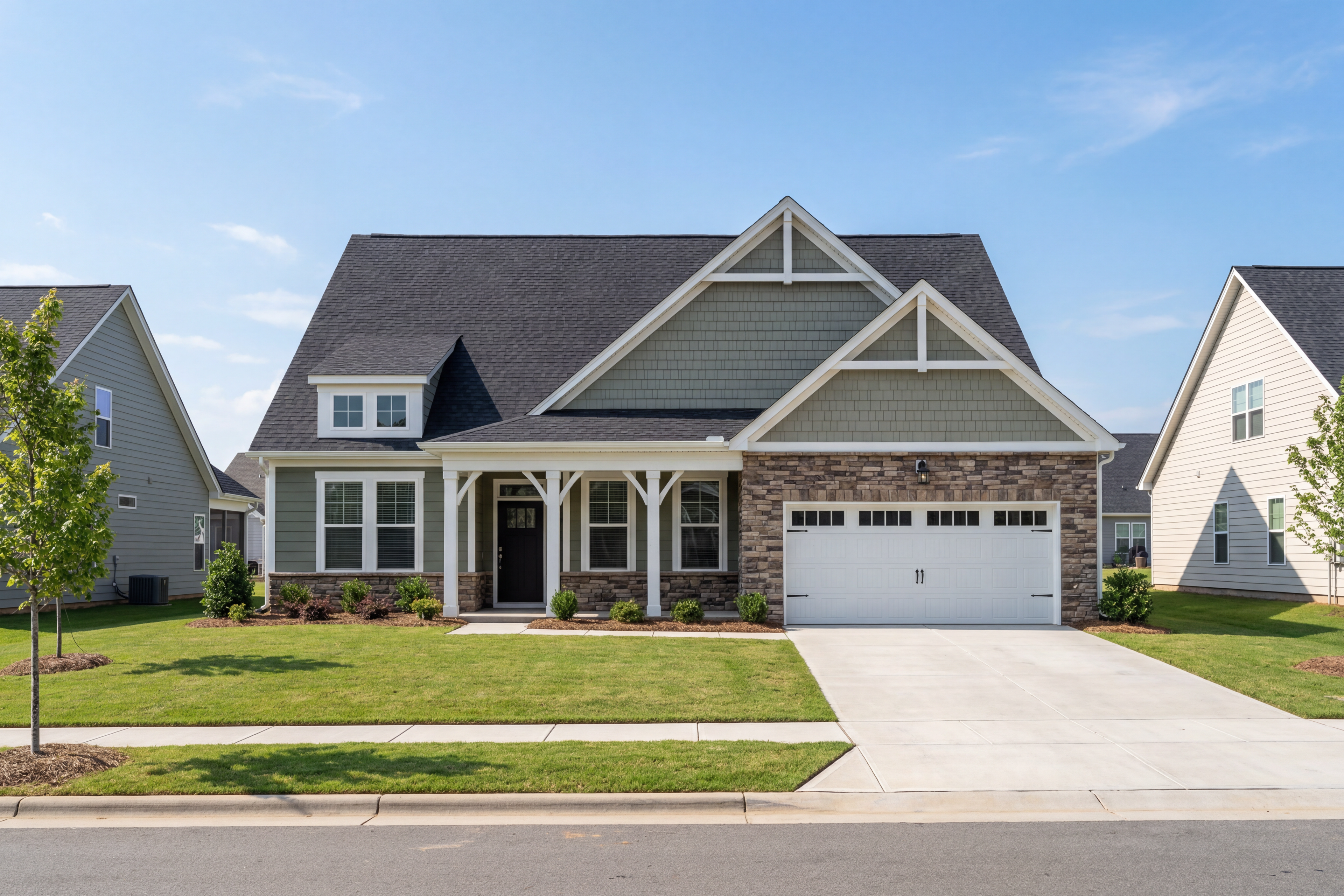 Front elevation of The Magnolia D craftsman-style home with stone and vinyl exterior, 2-car garage, and covered porch in Holly Springs NC
