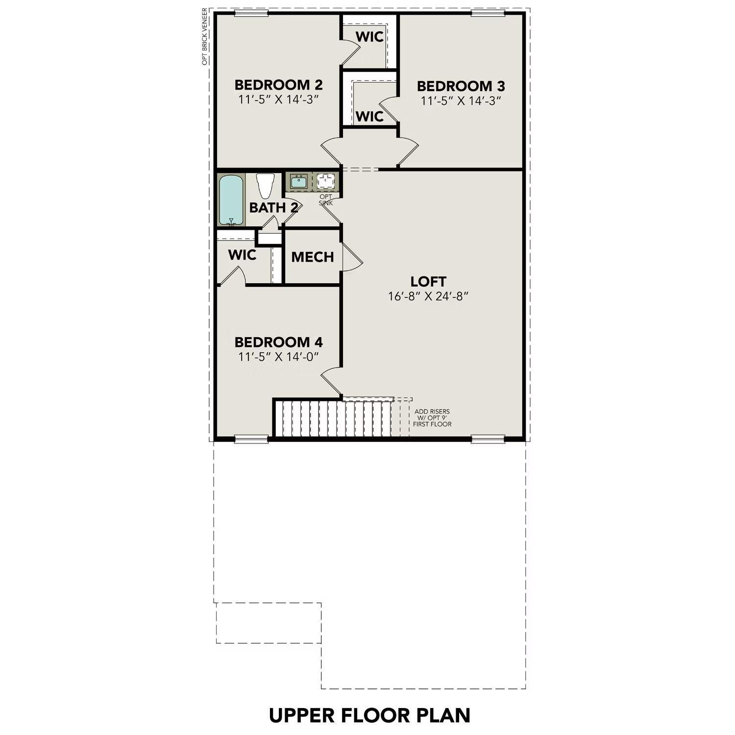 Upper floor plan of The San Marcos F: bedrooms 2-4 with WICs, 16x20 loft, Bath 2 in 5-bed Davidson Homes, Magnolia, Texas