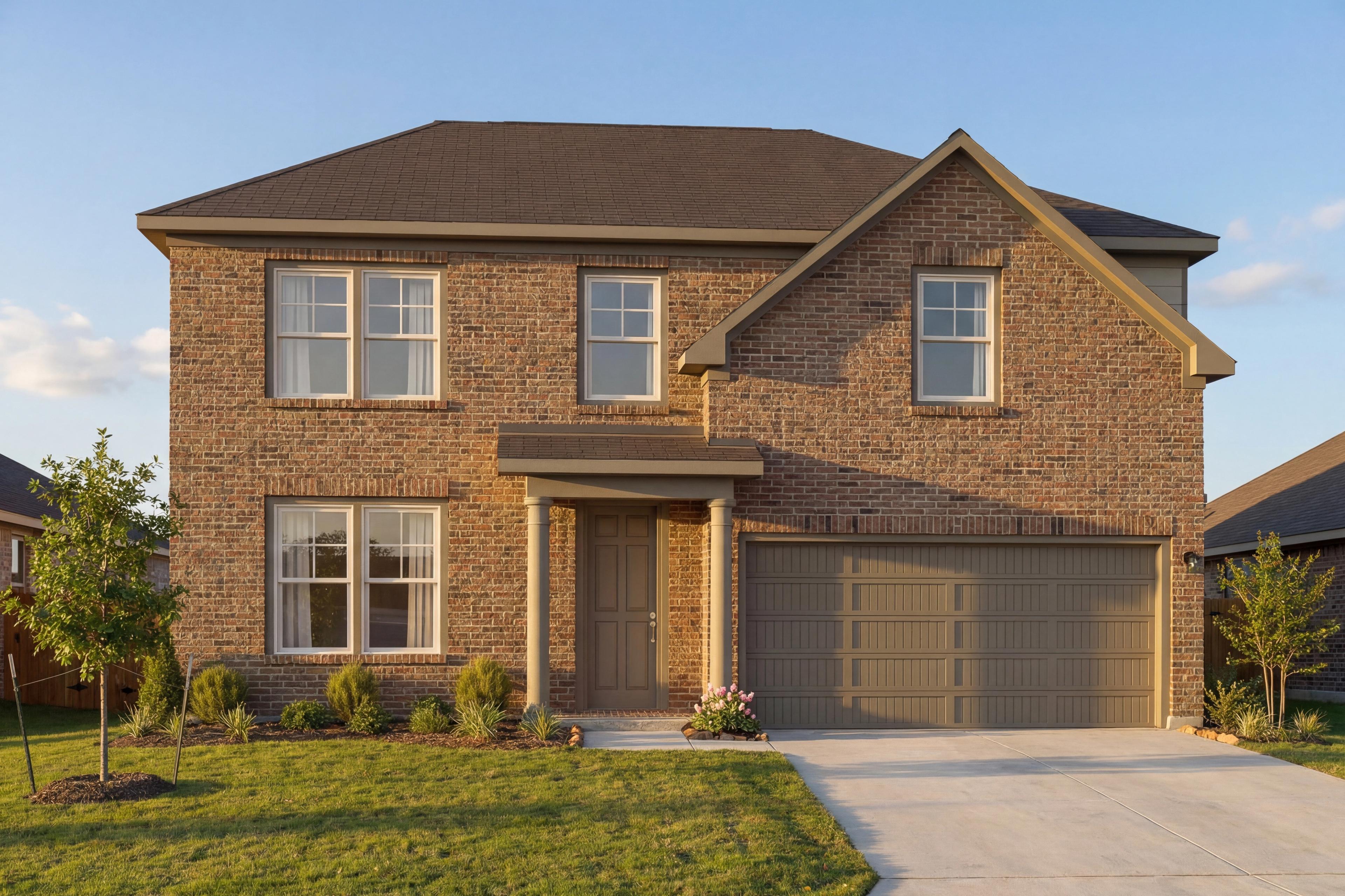 Two-story brick facade of The Murray home by Davidson Homes in San Antonio, TX, with gabled roof, two-car garage, and manicured lawn