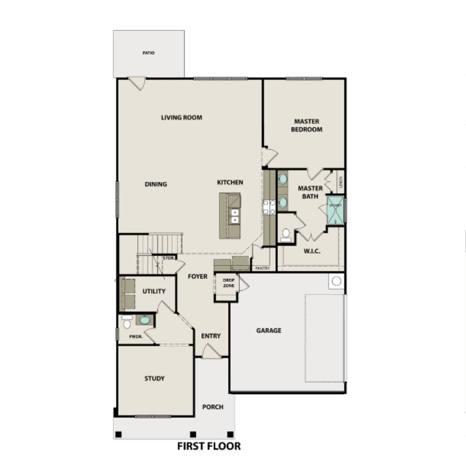 First floor layout of The Ridgeport B, featuring an open-concept living area and a convenient master suite on the main level.