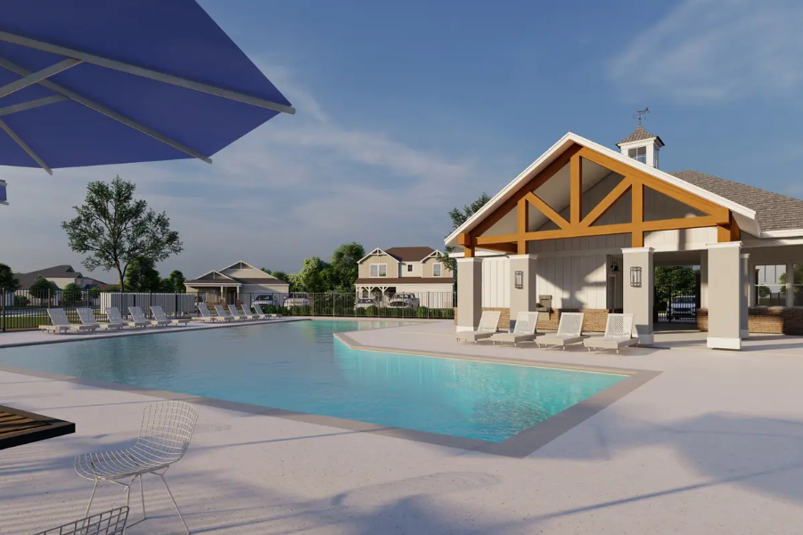Community pool at Benders Cove in Mt. Juliet TN with lounge chairs, blue umbrellas, and covered pavilion