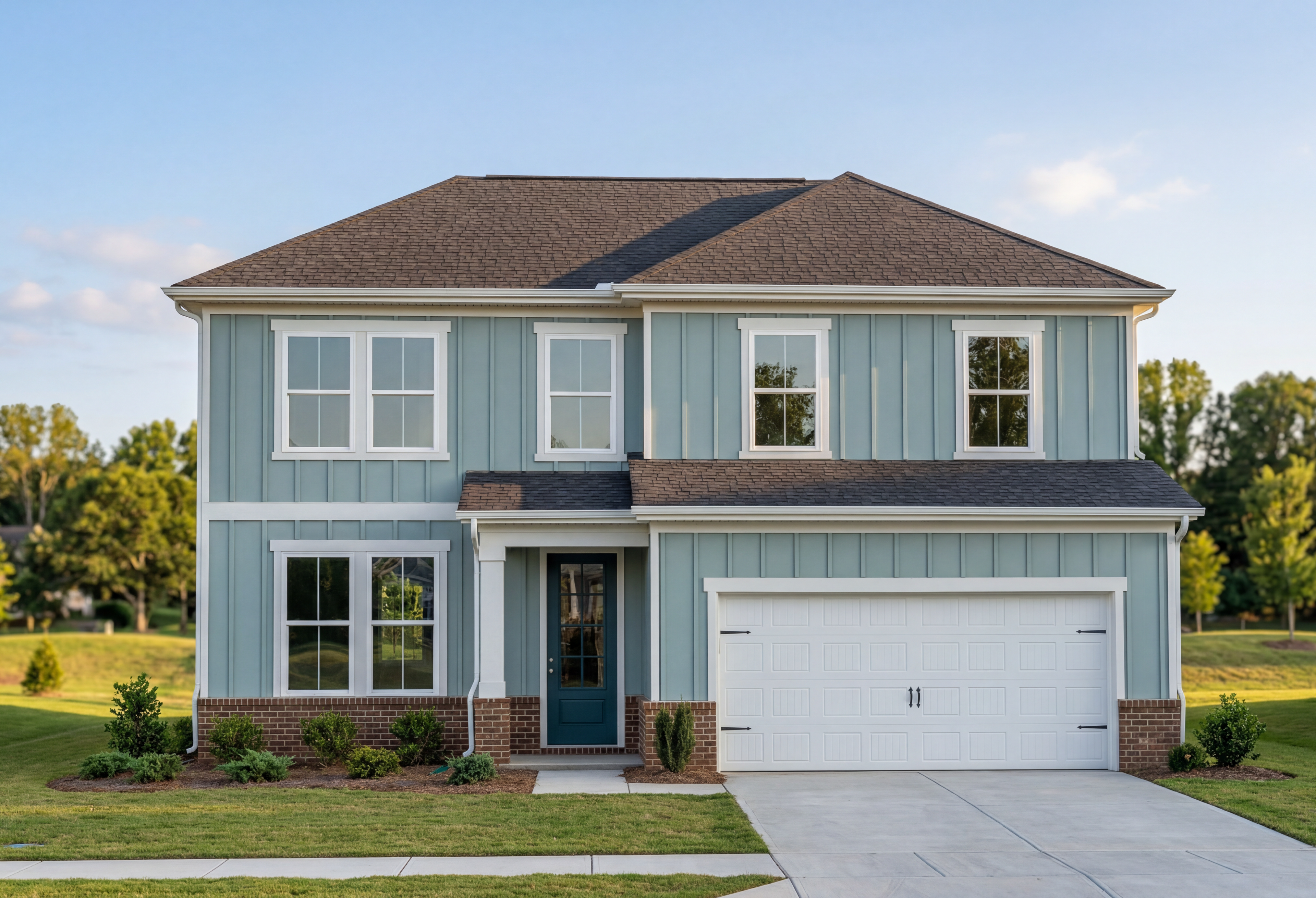 Modern two-story Ashport K elevation in Wendell NC with blue vinyl siding, brick accents, two-car garage, and lush landscaping