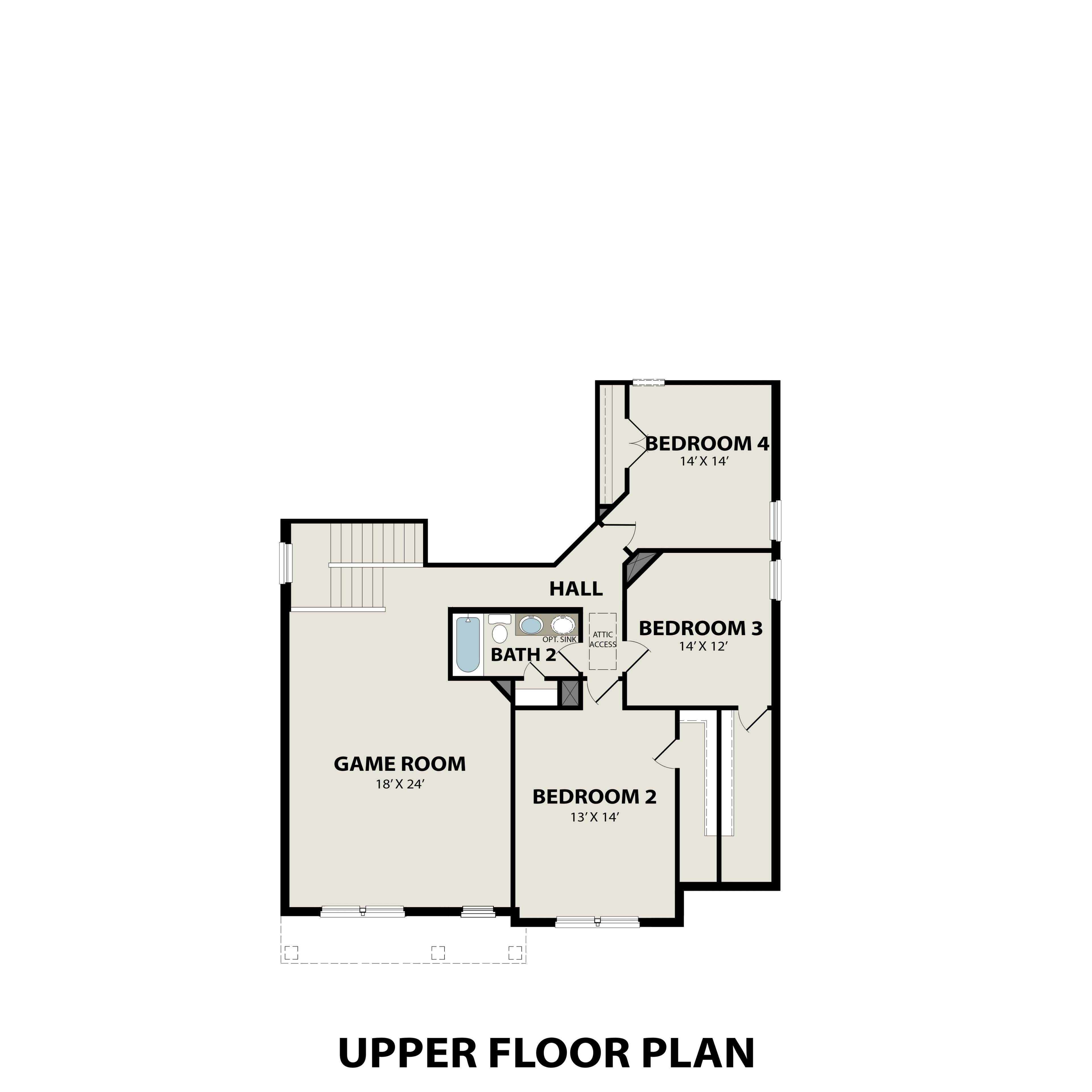 Upper floor plan of The Ridgeport G featuring three bedrooms, two baths, and 15x14 game room in Mt. Juliet home