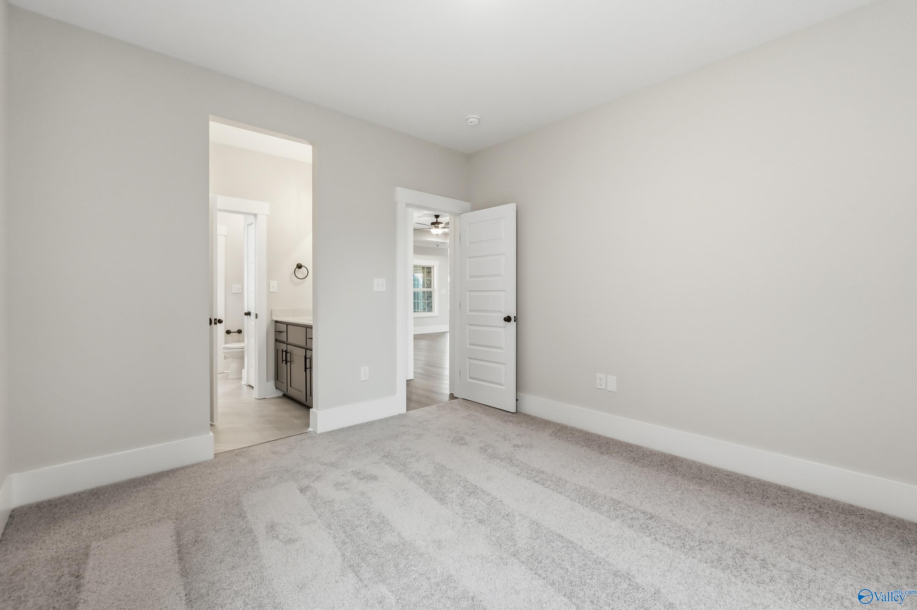 Bright secondary bedroom with attached bath vanity, light gray walls, and plush carpet in Davidson Homes The Finleigh, Meridianville, Alabama
