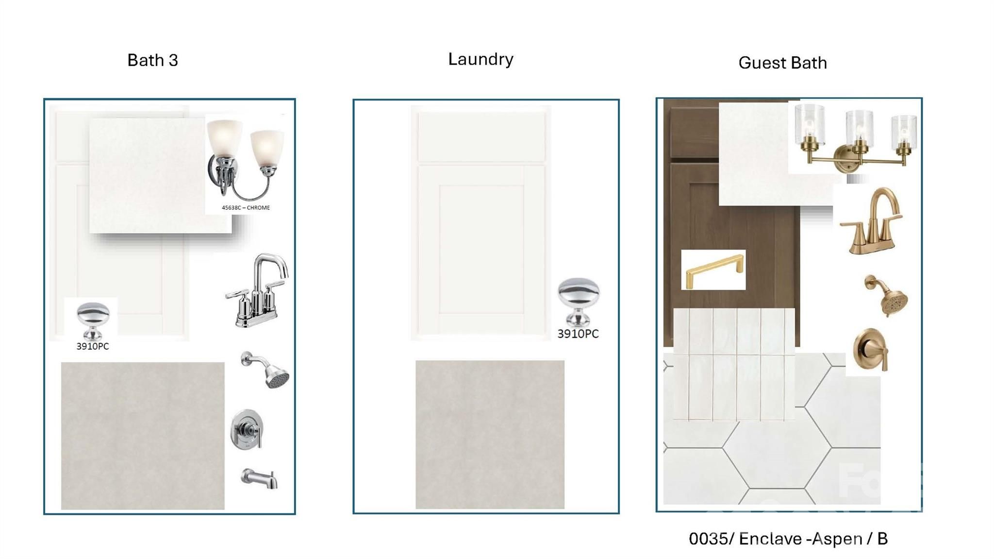 Design selections for Bath 3, laundry, and guest bath with chrome and brushed gold fixtures in The Aspen B at Enclave at Belmont