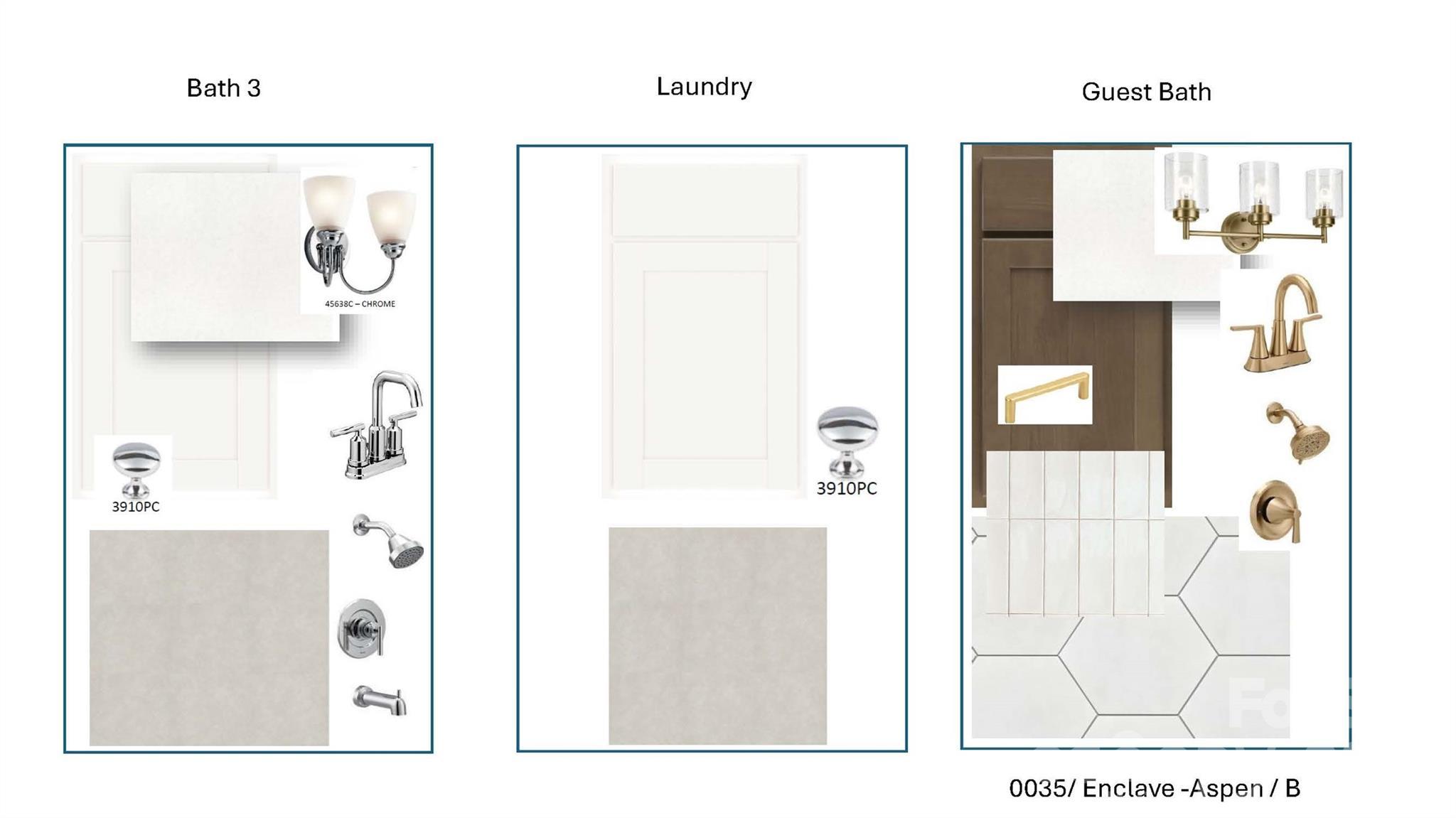 Design selections for Bath 3, laundry, and guest bath with chrome and brushed gold fixtures in The Aspen B at Enclave at Belmont