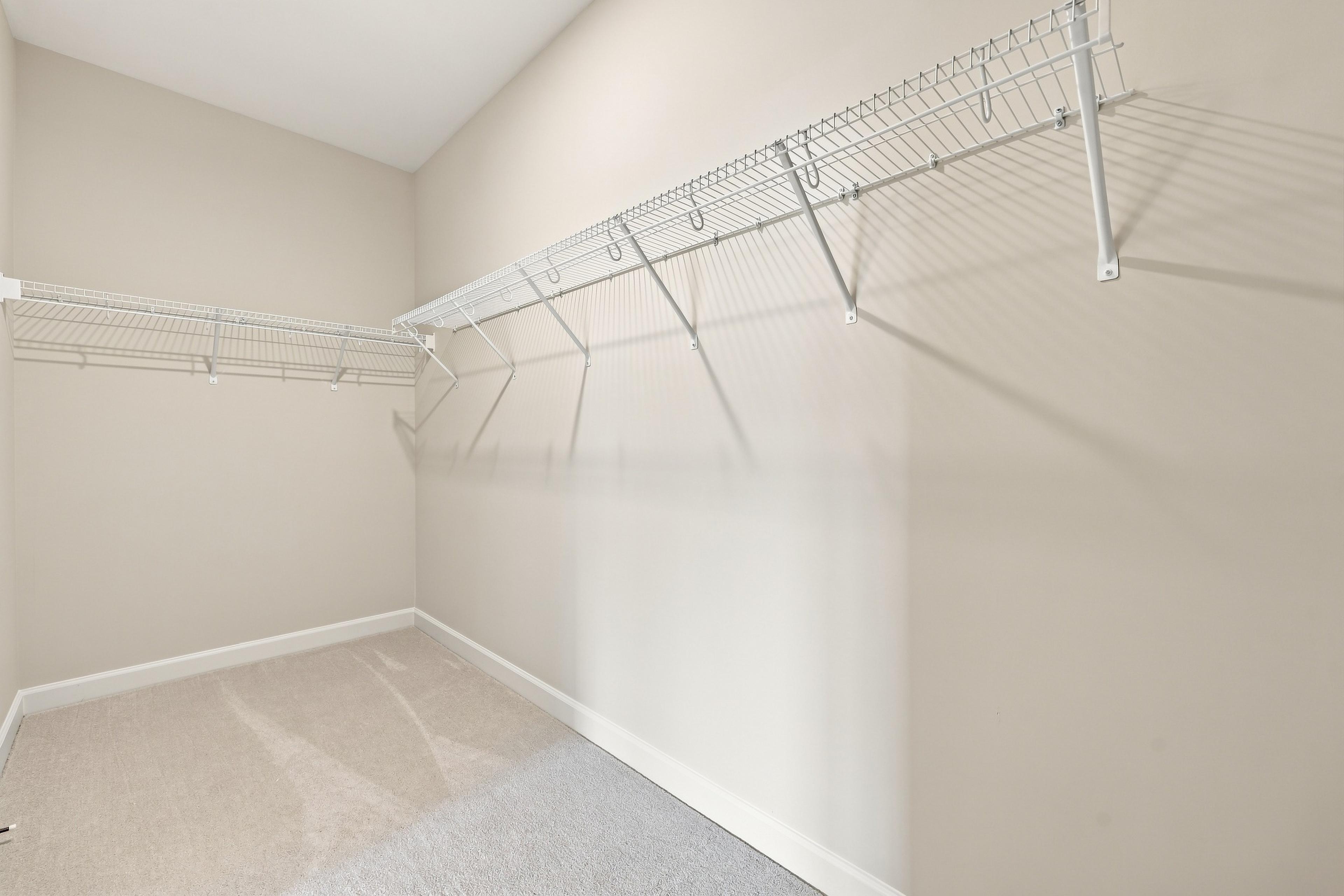 Spacious walk-in closet with wire shelving in the master suite of The Daphne D home design.